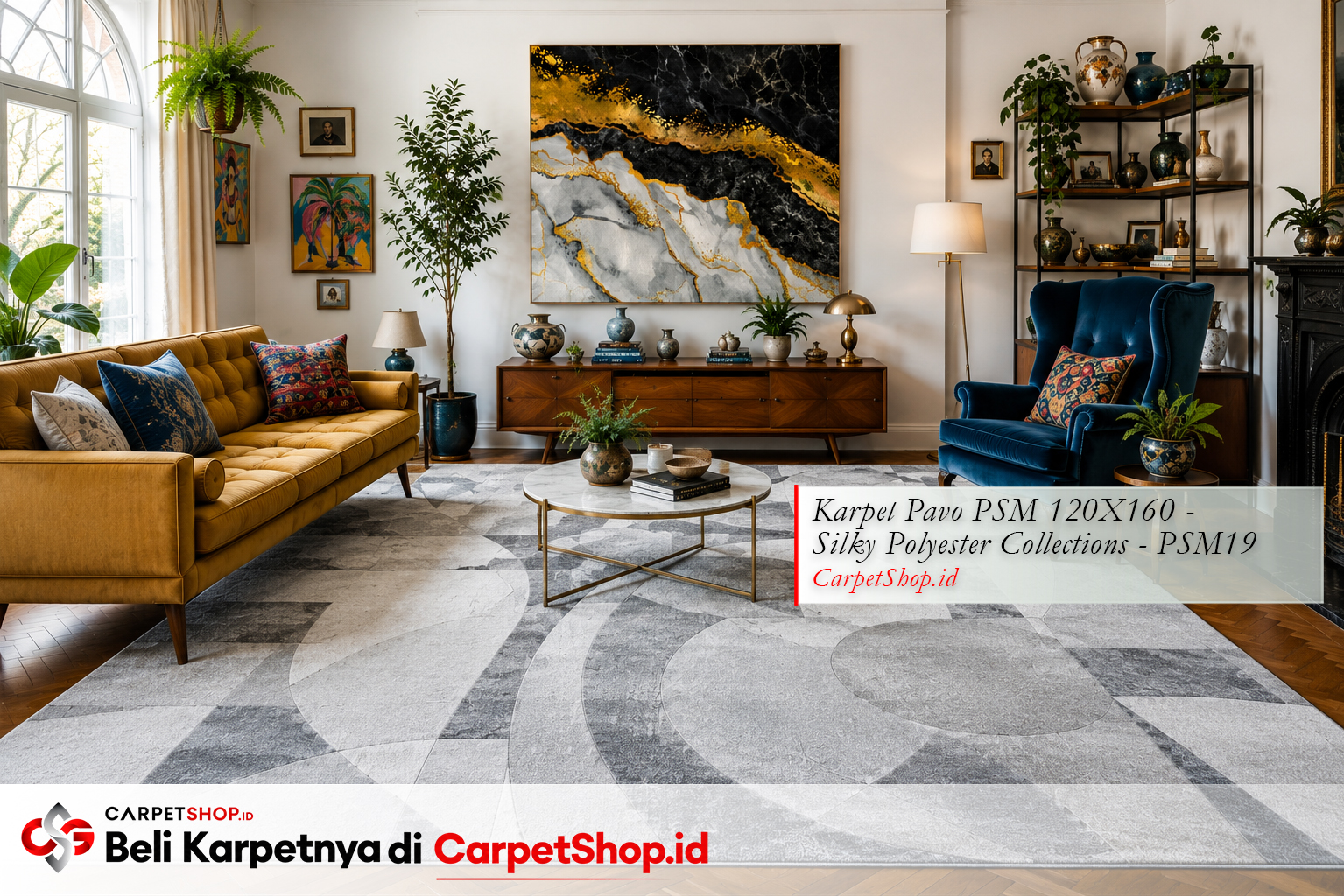 Ruang tamu Eclectic full dengan Karpet Pavo PSM 120X160 Silky Polyester PSM19 abstract 