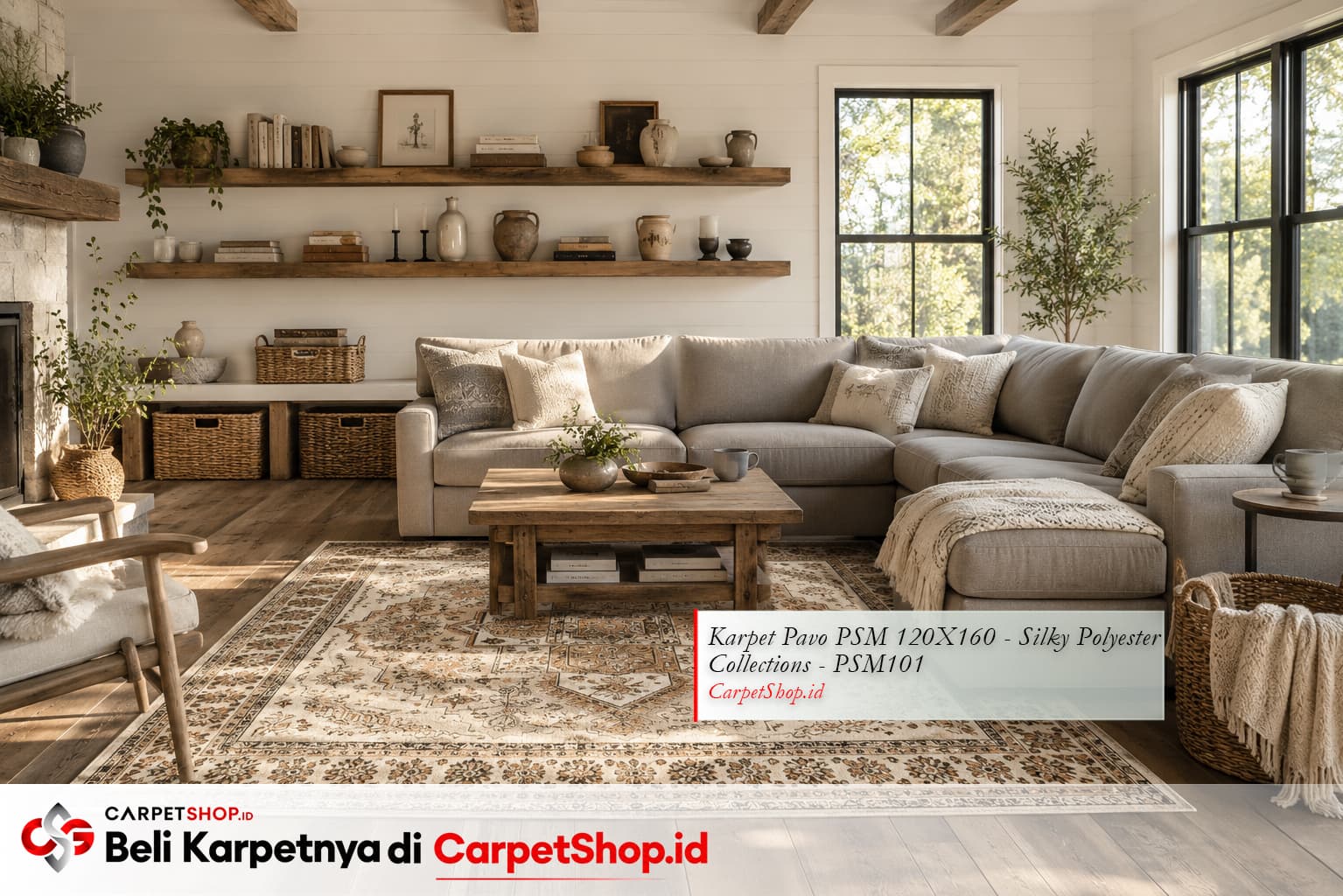 Ruang tamu Farmhouse Modern dengan Karpet Pavo PSM 120X160 Silky Polyester PSM101