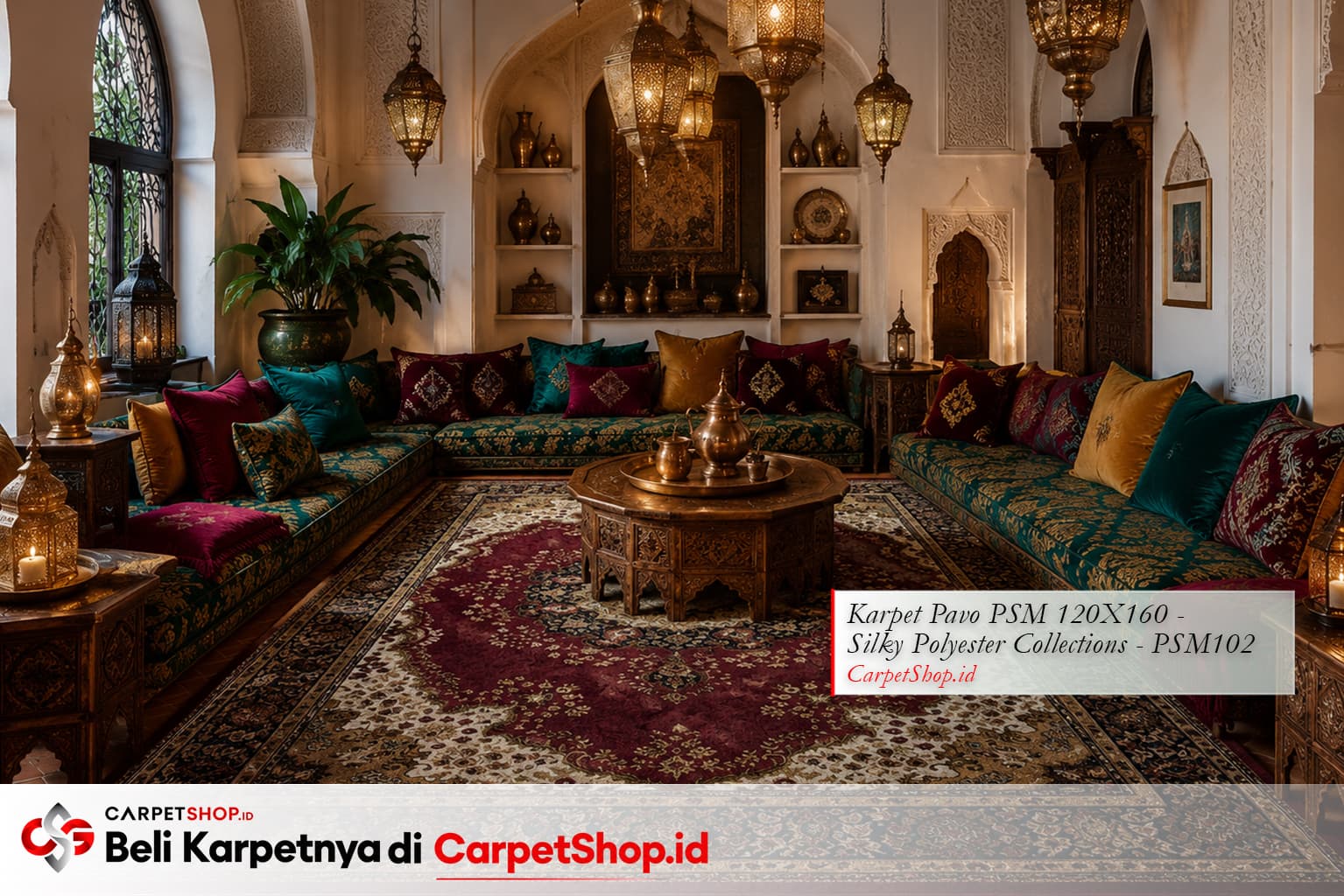 Ruang tamu Maroko full dengan Karpet Pavo PSM 120X160 Silky Polyester PSM102 burgundy