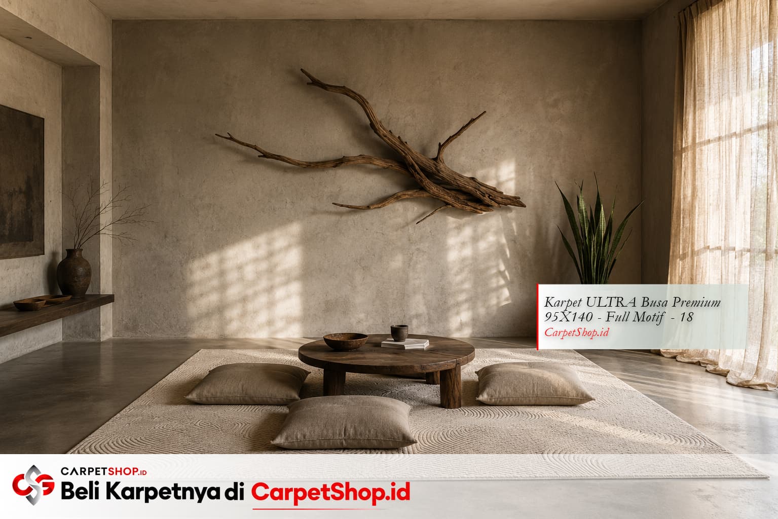 Ruang tamu Wabi-Sabi komposisi penuh dengan Karpet ULTRA Busa Premium 95X140 Full Motif 18