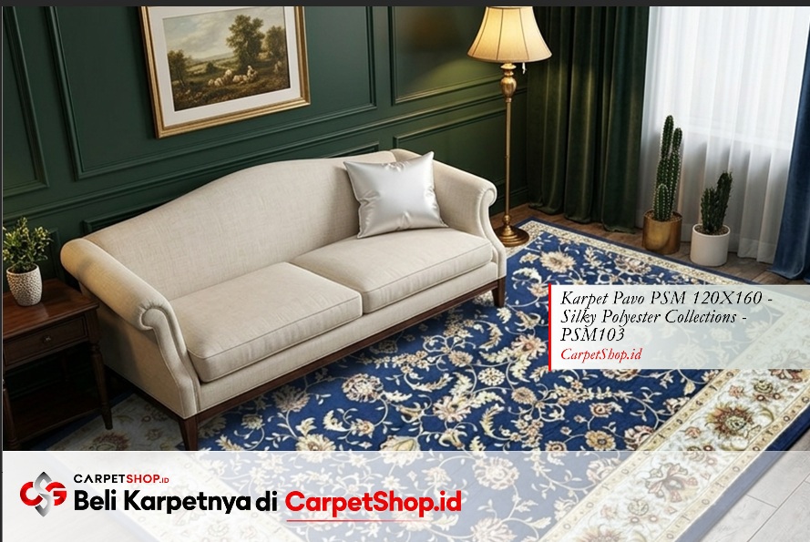 Karpet Persian navy cocok untuk dinding hijau tua dengan Karpet Pavo PSM 120X160 Silky Polyester PSM103