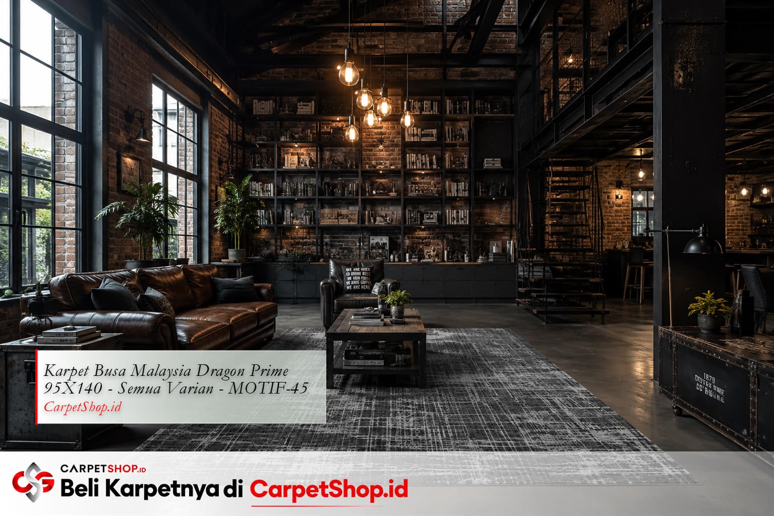 Ruang tamu loft industrial dengan Karpet Dragon Prime 95X140 MOTIF-45 gelap