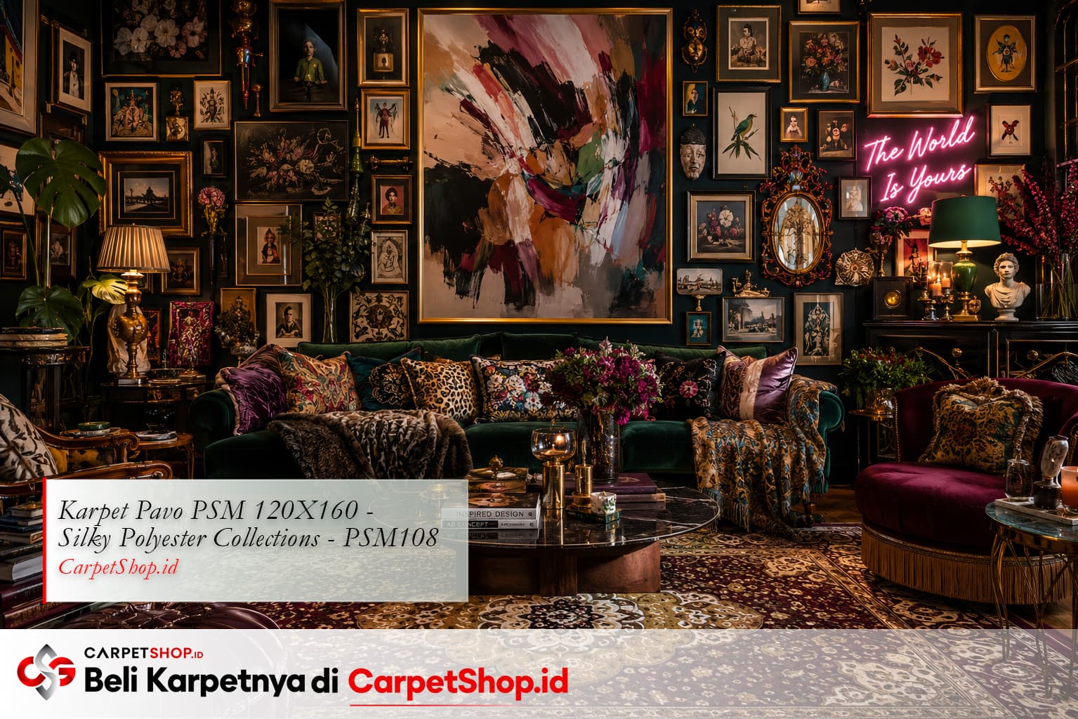 Ruang tamu maximalist dengan gallery wall dan Karpet Pavo PSM 120X160 Silky Polyester PSM108