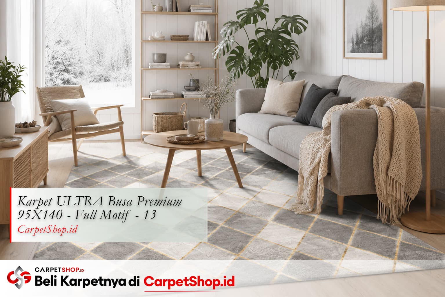 Ruang tamu Skandinavia full dengan Karpet ULTRA Busa Premium 95X140 Full Motif 13