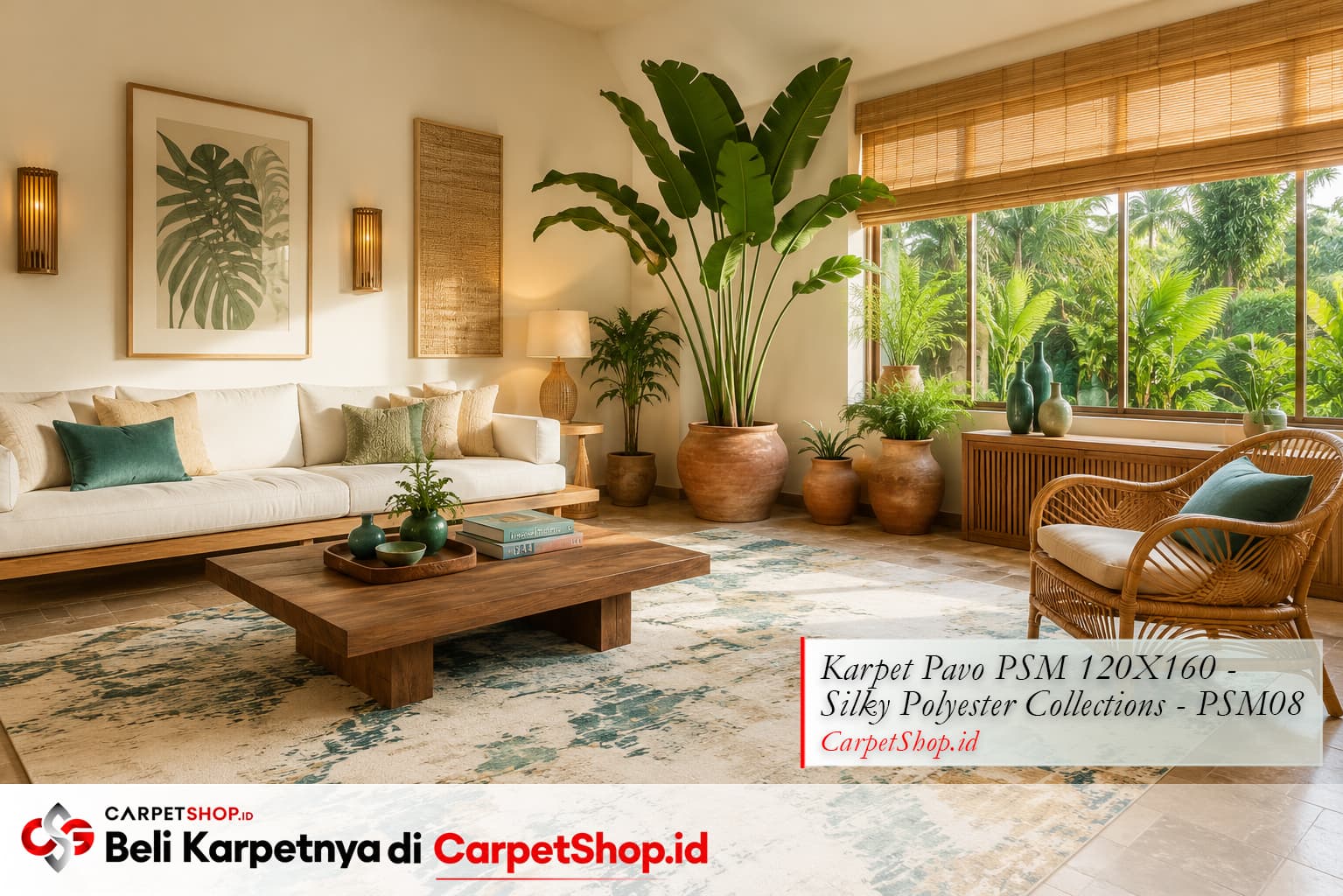Ruang tamu tropis modern full dengan Karpet Pavo PSM 120X160 Silky Polyester PSM08