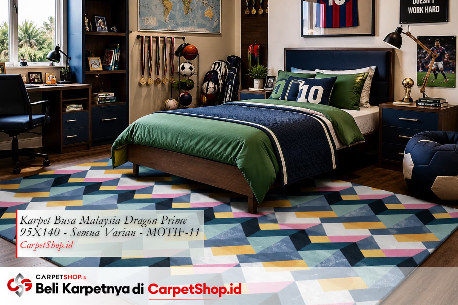 Kamar anak laki-laki tema sport petualangan dengan Karpet Dragon Prime 95X140 MOTIF-11 geometrik