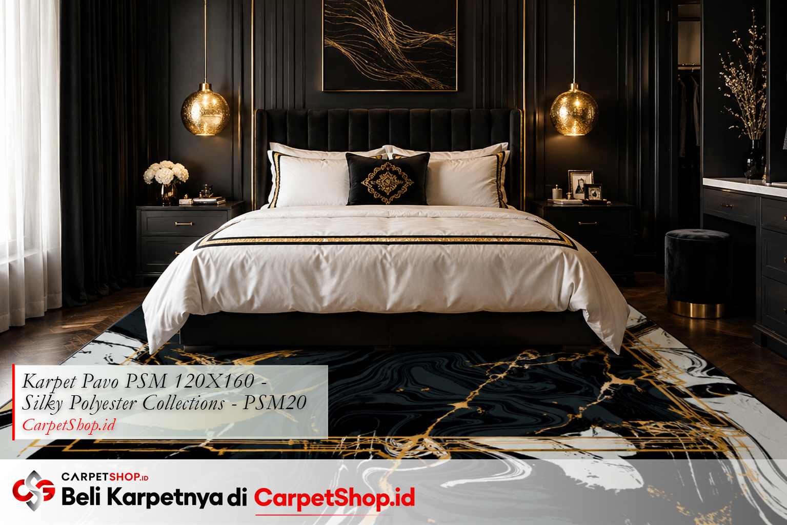 Karpet marble effect hitam emas untuk kamar tidur luxury, Karpet Pavo PSM 120X160 Silky Polyester PSM20