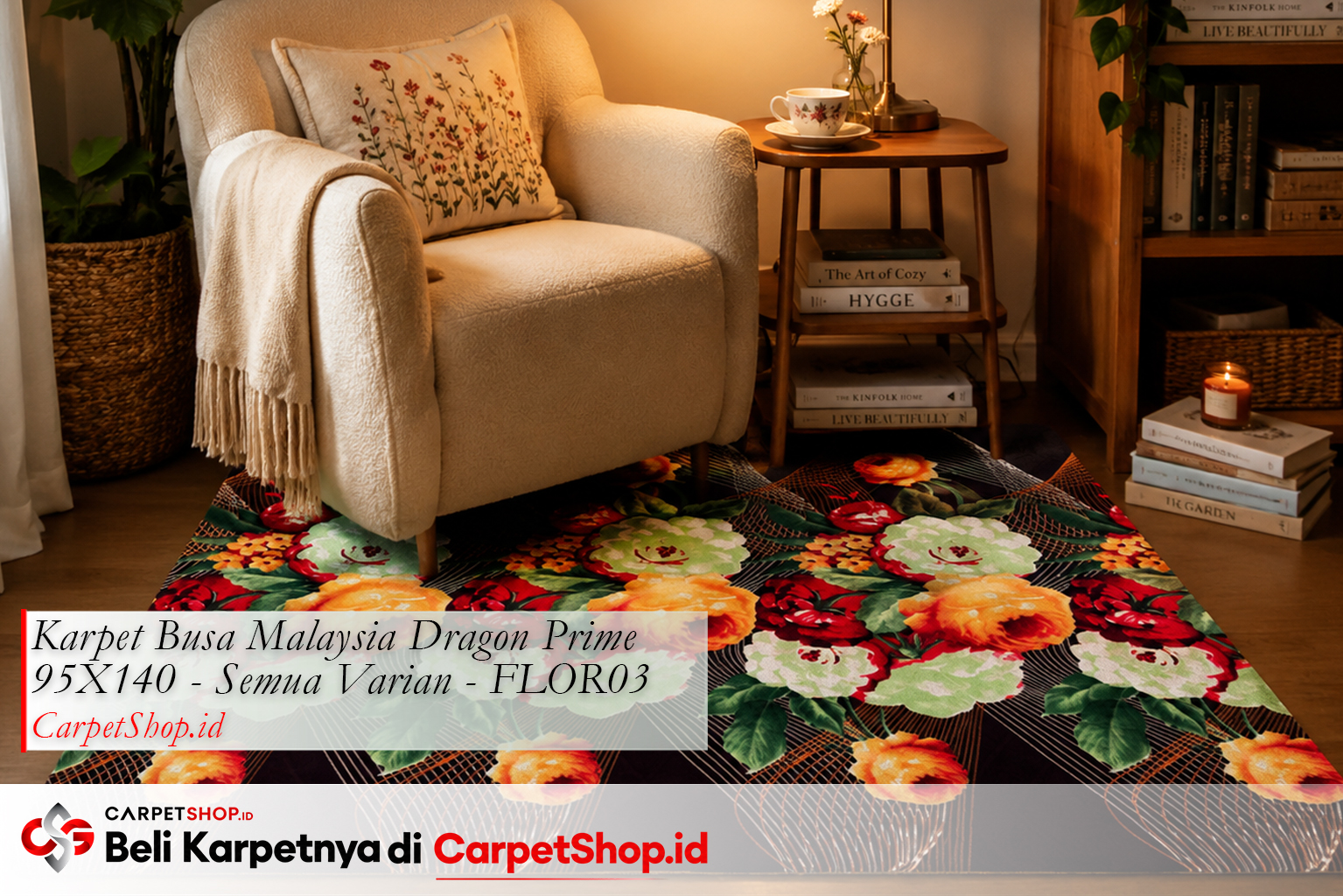 Karpet motif bunga merah hangat untuk sudut baca, Karpet Dragon Prime 95X140 FLOR03