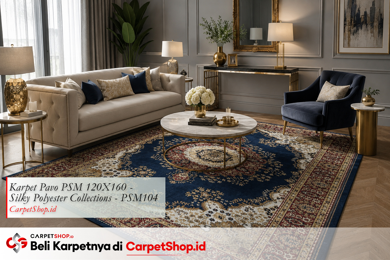 Kombinasi karpet navy dengan dinding abu menggunakan Karpet Pavo PSM 120X160 Silky Polyester PSM104