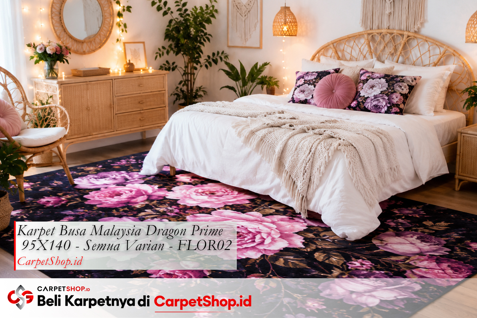 Kombinasi karpet motif bunga dengan dinding putih menggunakan Karpet Dragon Prime 95X140 FLOR02