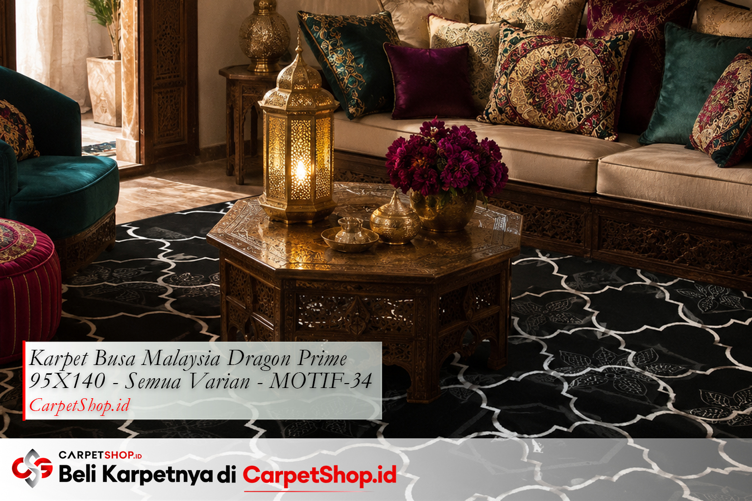 Karpet geometric trellis hitam untuk ruang tamu Maroko, Karpet Dragon Prime 95X140 MOTIF-34