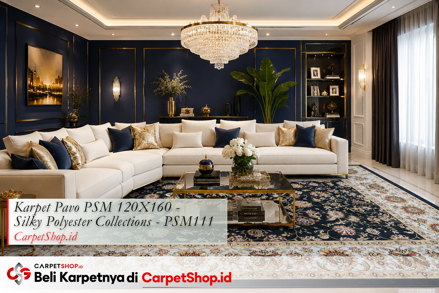 Karpet warna navy emas mewah untuk ruang keluarga, Karpet Pavo PSM 120X160 Silky Polyester PSM111