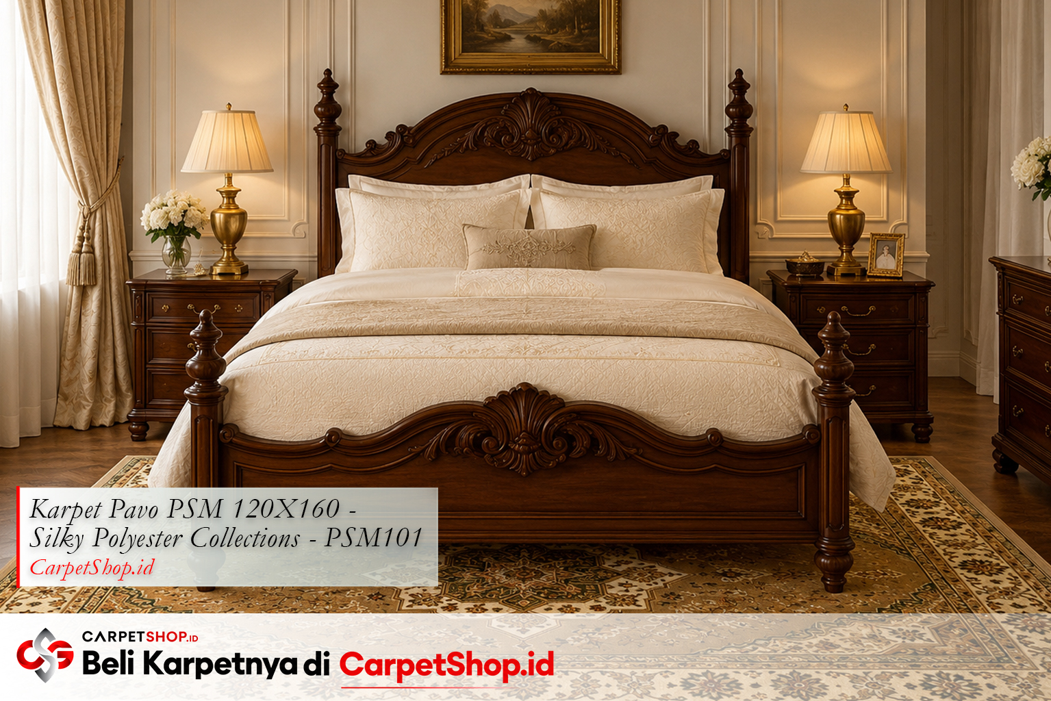 Karpet motif Persian beige emas untuk kamar tidur klasik, Karpet Pavo PSM 120X160 Silky Polyester PSM101
