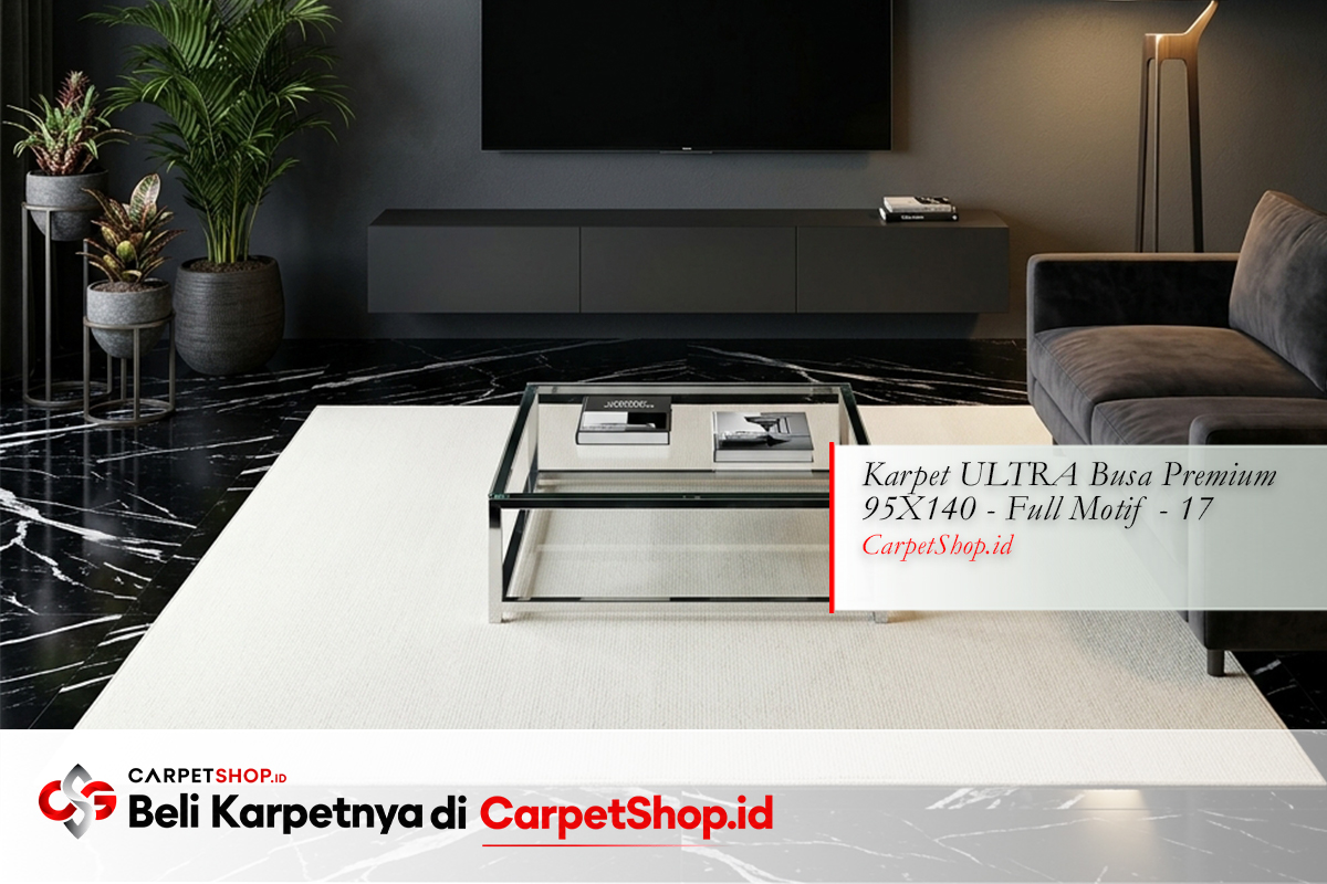 Karpet putih kontras di lantai marmer hitam dengan Karpet ULTRA Busa Premium 95X140 Full Motif 5