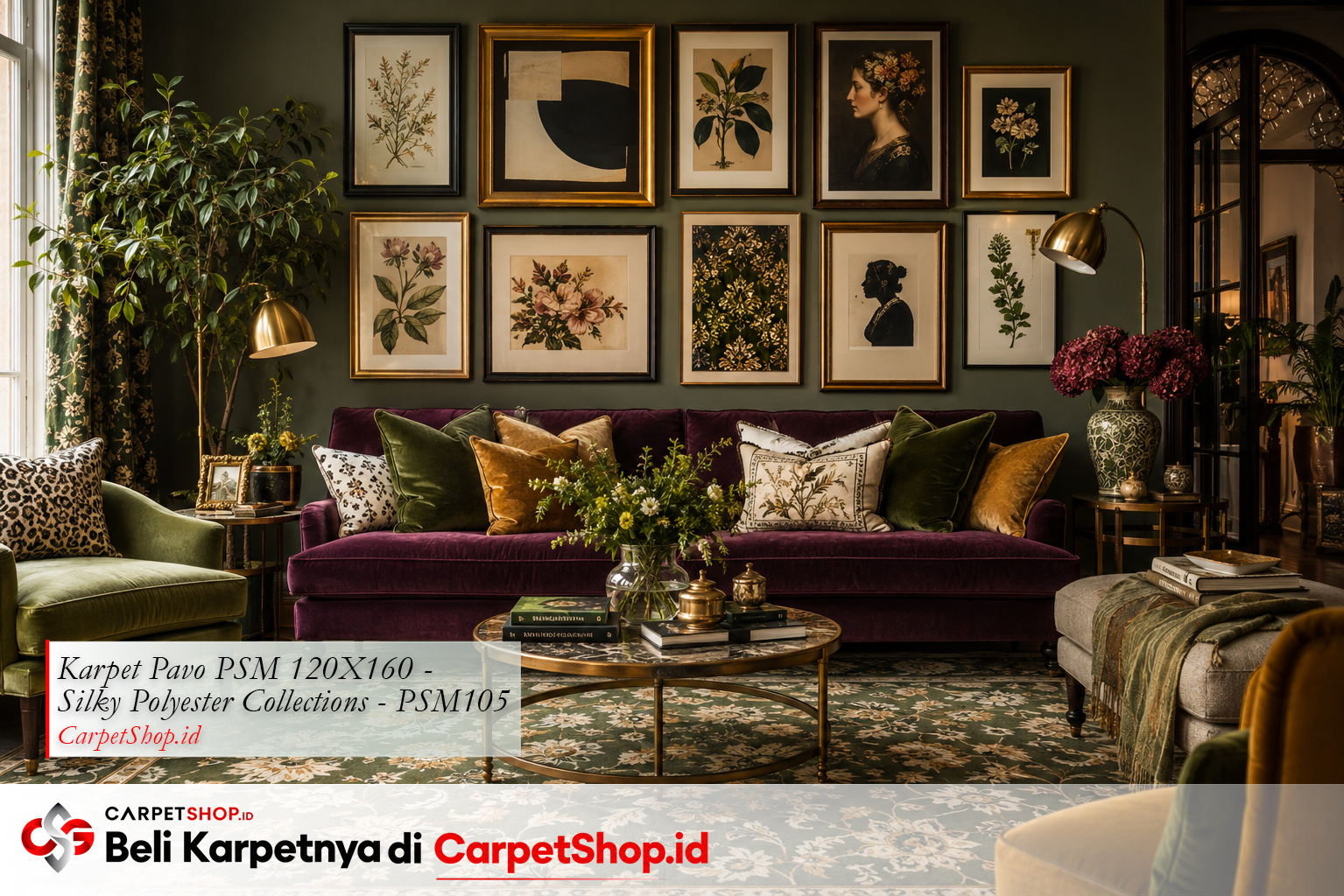 Ruang keluarga maximalist gallery wall dengan Karpet Pavo PSM 120X160 Silky Polyester PSM105