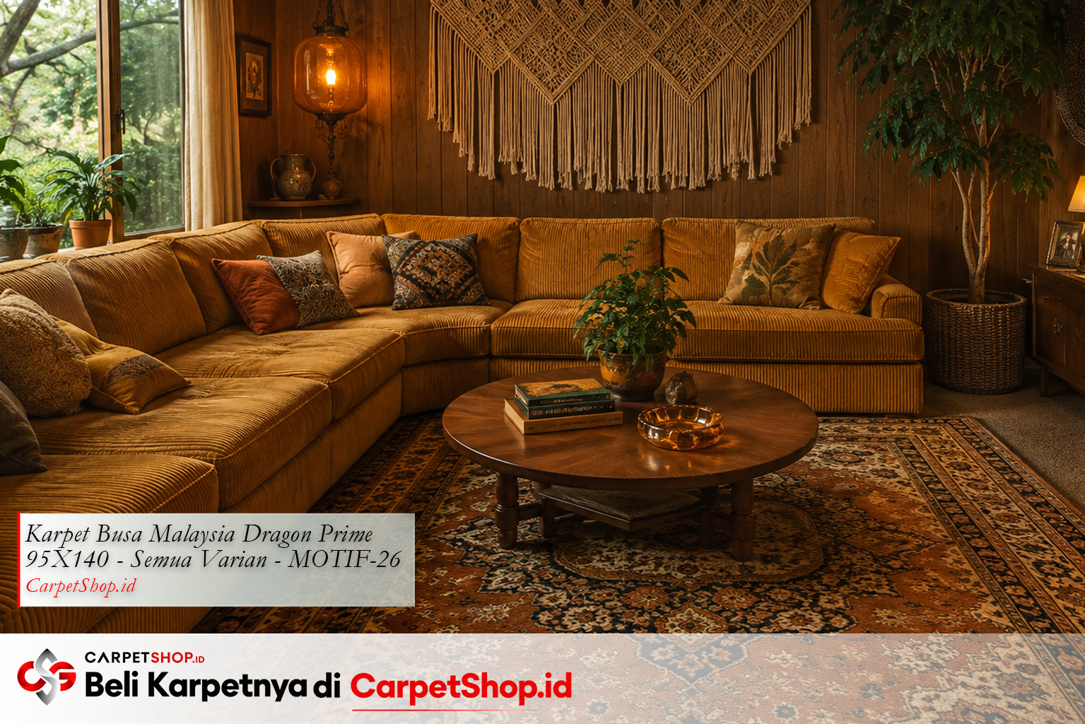 Ruang keluarga desain interior Retro 70s hangat dengan Karpet Pavo PSM 120X160 Silky Polyester PSM10