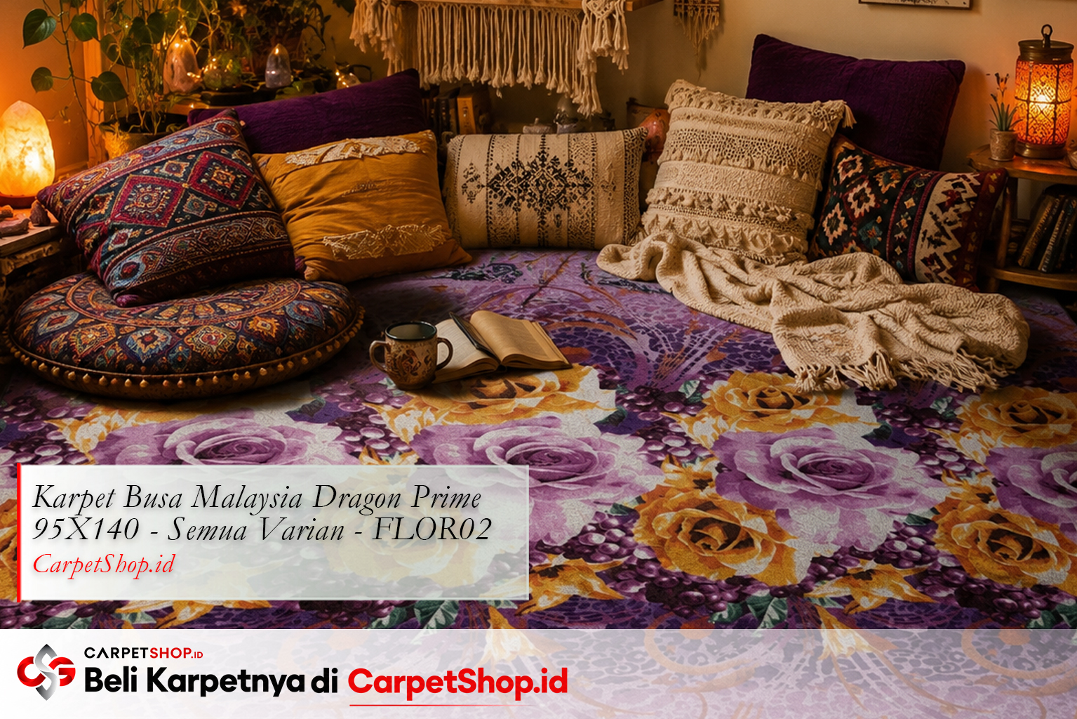 Ruang baca Bohemian cozy dengan Karpet Dragon Prime 95X140 FLOR02 motif bunga