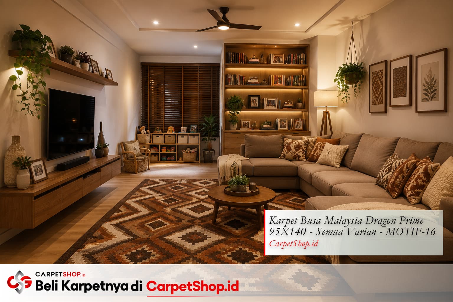Layout ruang keluarga L-shape dengan Karpet Dragon Prime 95X140 MOTIF-16