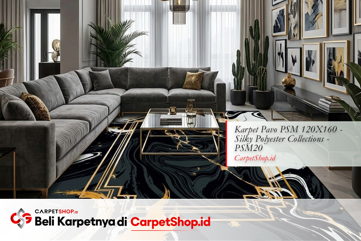 Ruang tamu besar Contemporary karpet statement hitam emas dengan Karpet Pavo PSM 120X160 Silky Polyester PSM20