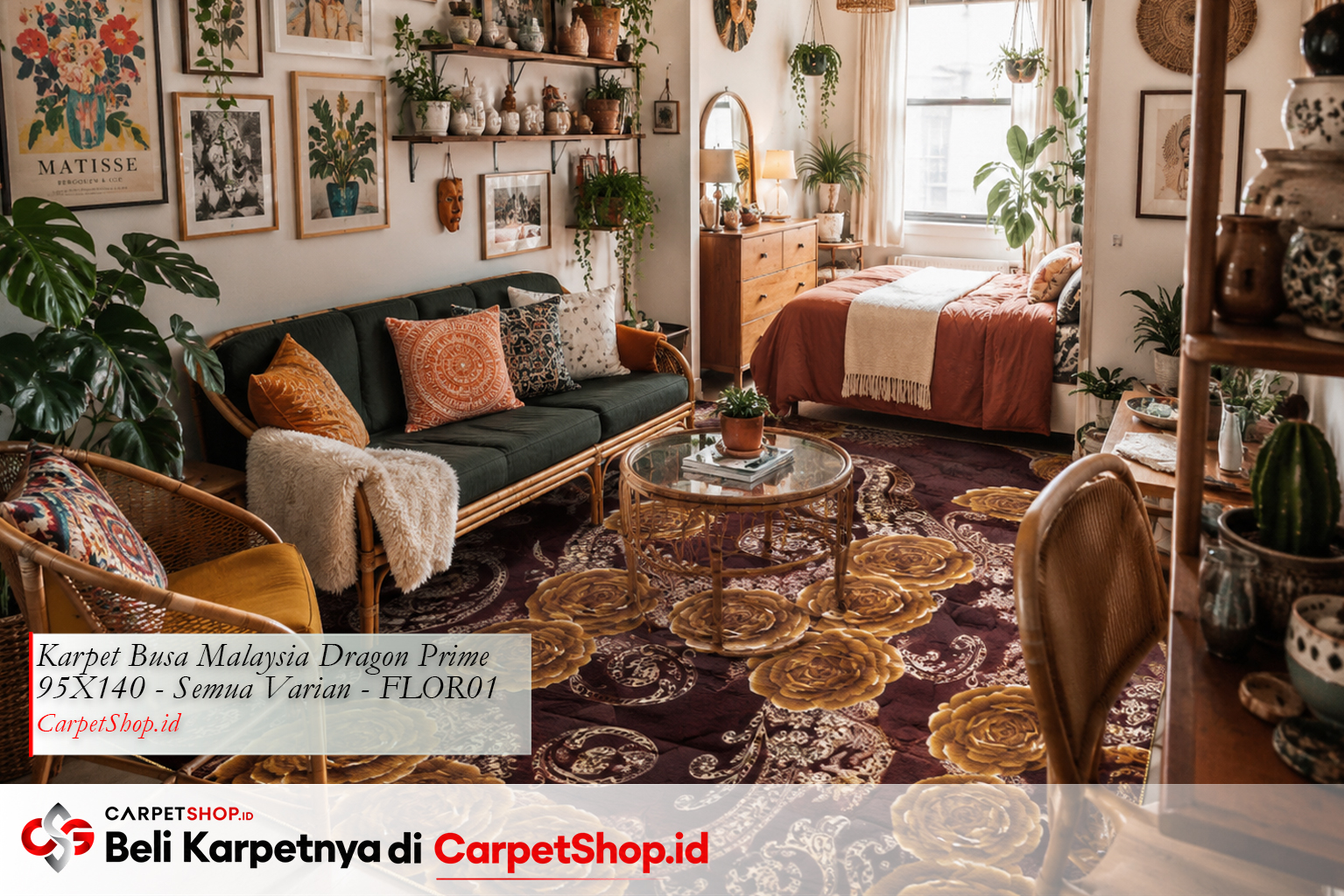 Apartemen studio Bohemian aesthetic dengan Karpet Dragon Prime 95X140 FLOR01 motif bunga emas