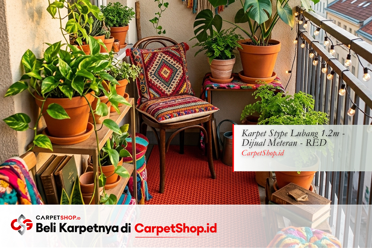 Balkon Bohemian berkarakter dengan keset merah Keset Stype Lubang 1.2m Warna Red