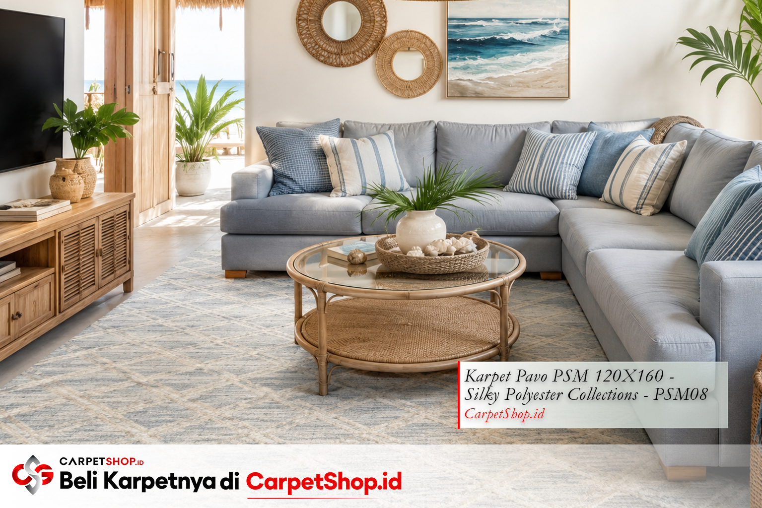 Ruang keluarga desain interior coastal santai berkelas dengan Karpet Pavo PSM 120X160 Silky Polyester PSM08