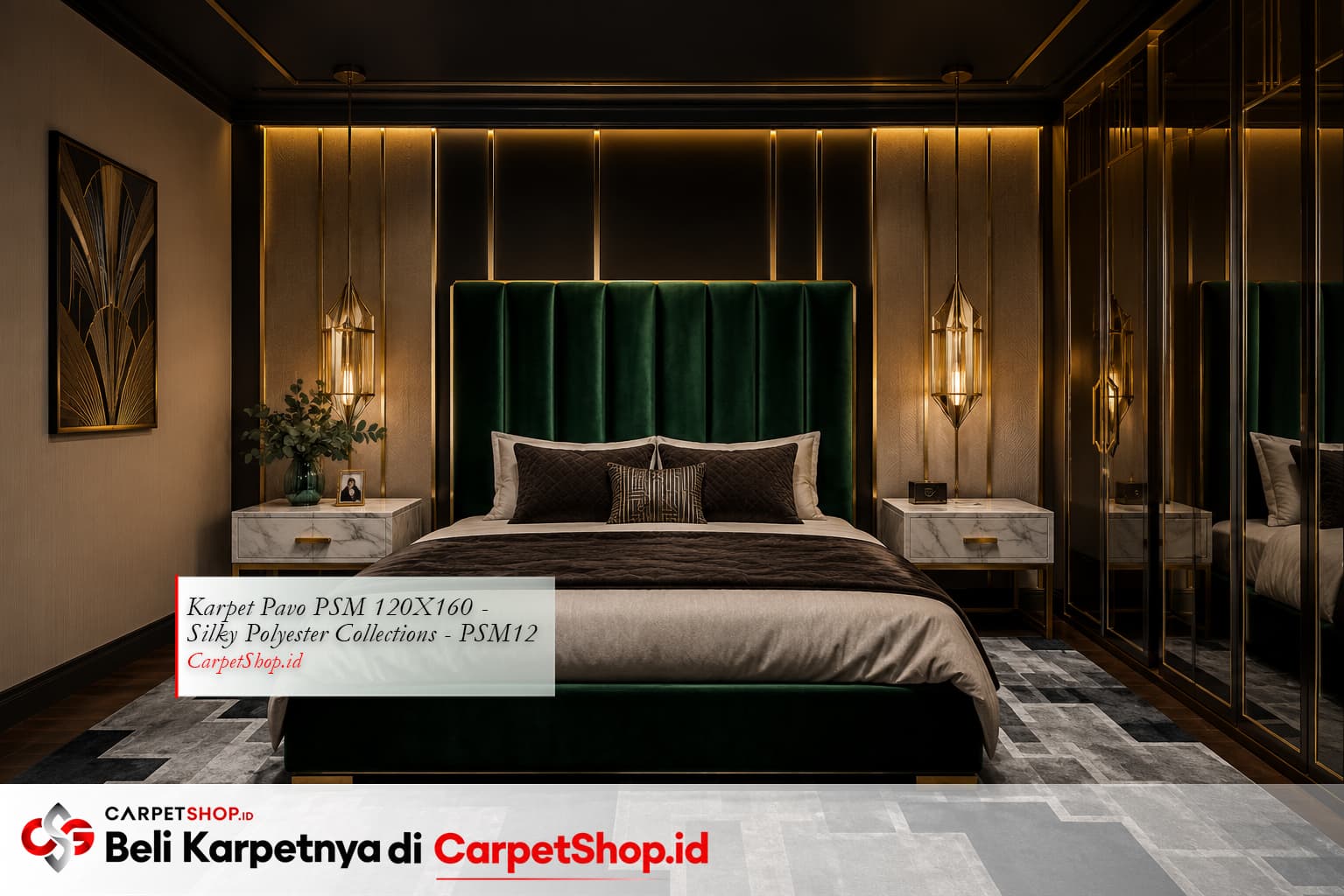 Kamar tidur Art Deco mewah dengan Karpet Pavo PSM 120X160 Silky Polyester PSM12