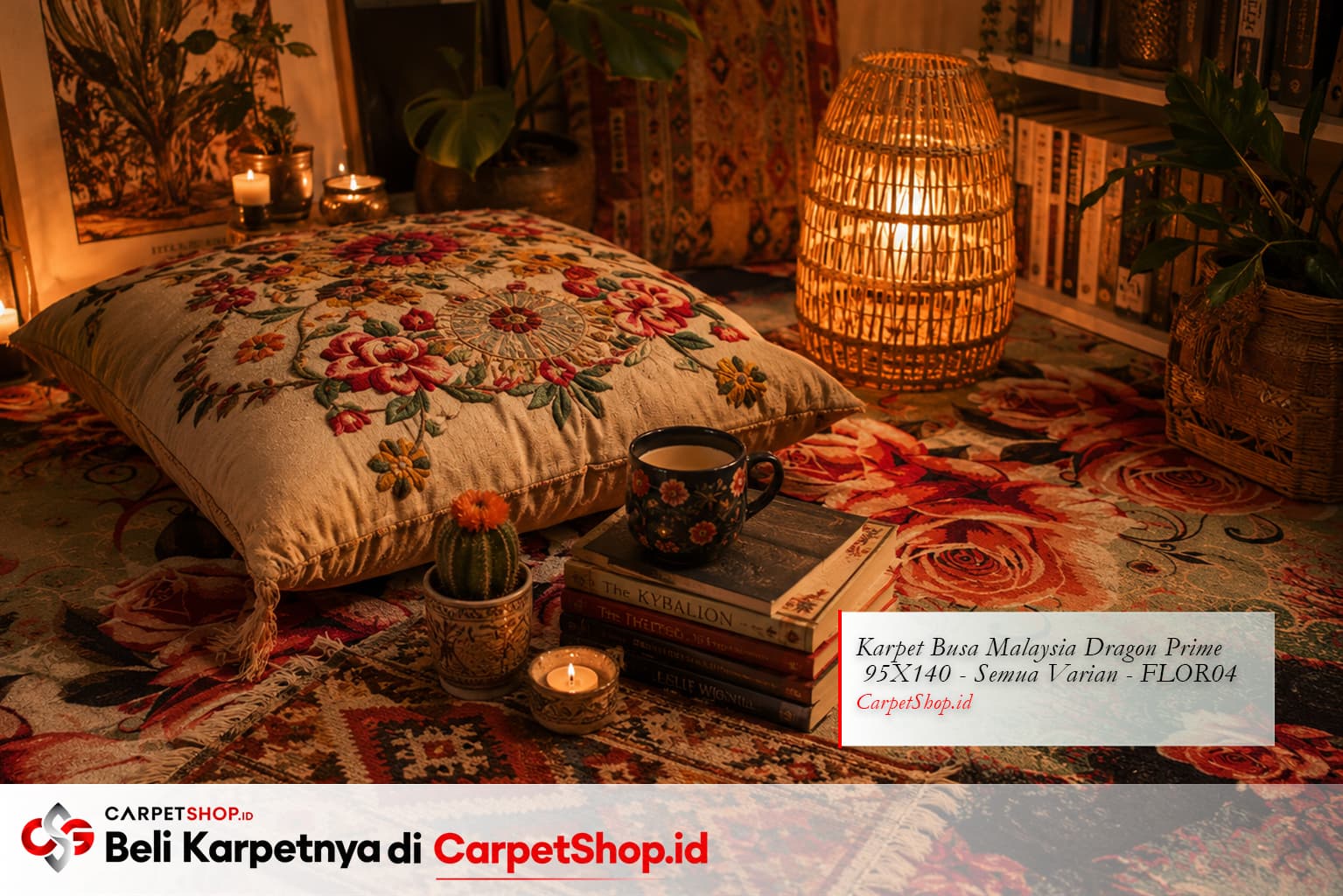 Sudut baca Bohemian dengan Karpet Dragon Prime 95X140 FLOR04 motif bunga