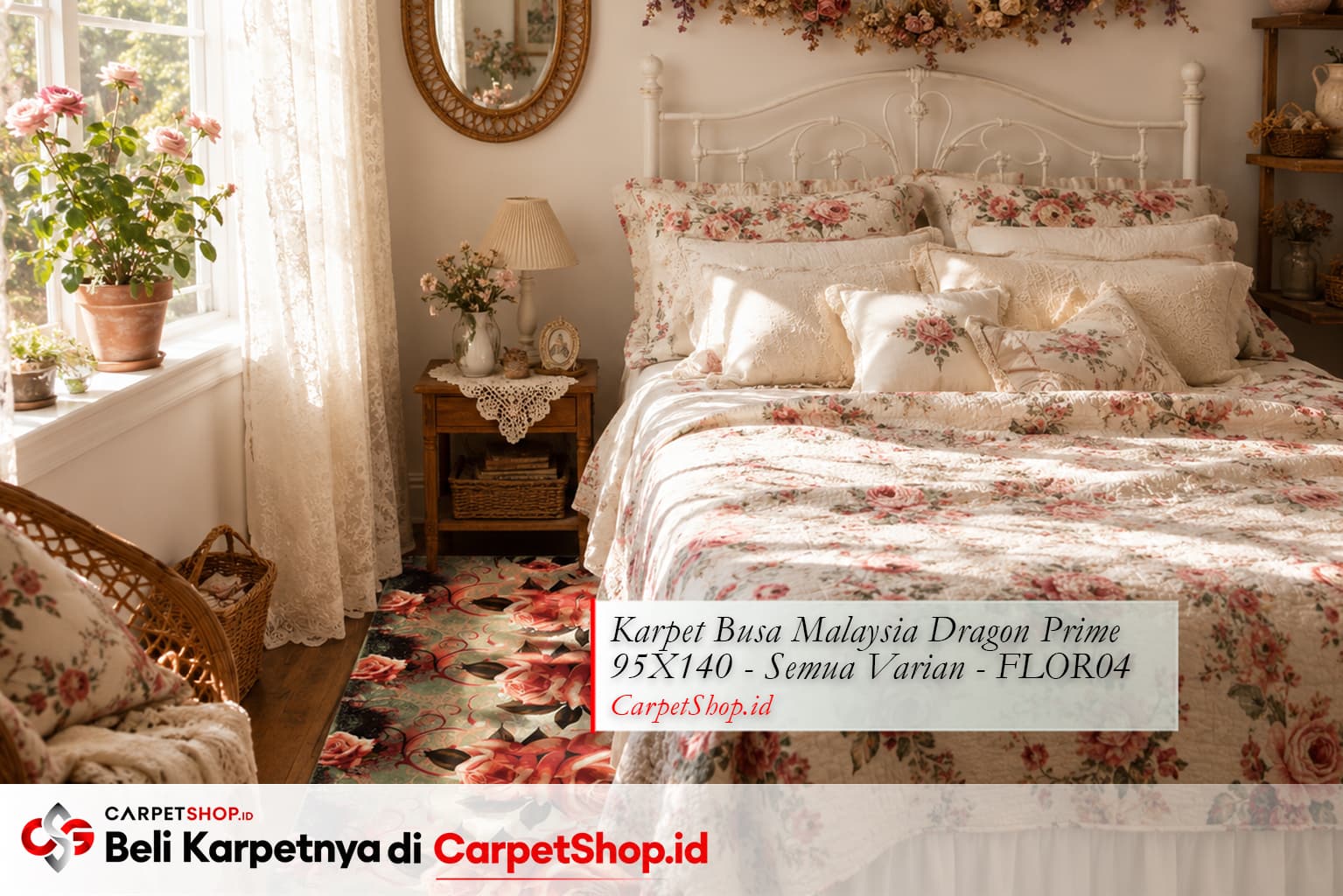 Kamar tidur Cottagecore dengan Karpet Dragon Prime 95X140 FLOR04 motif bunga
