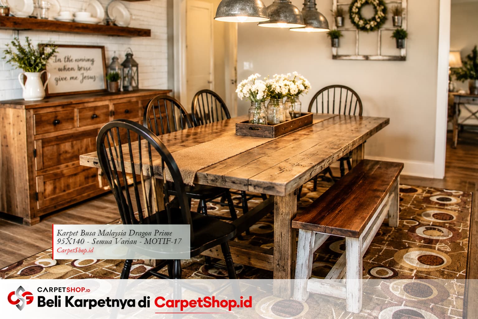 Ruang makan Farmhouse Modern dengan Karpet Dragon Prime 95X140 MOTIF-17