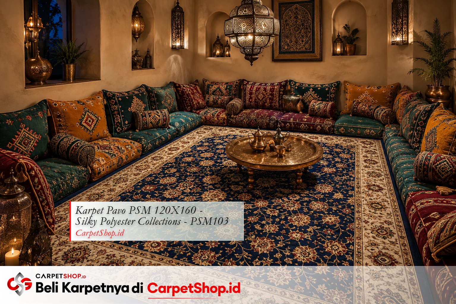 Ruang lesehan Maroko dengan Karpet Pavo PSM 120X160 Silky Polyester PSM103 Persian biru