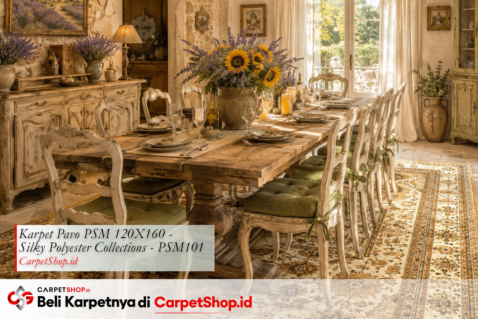 Ruang makan desain interior French Country klasik dengan Karpet Pavo PSM 120X160 Silky Polyester PSM101