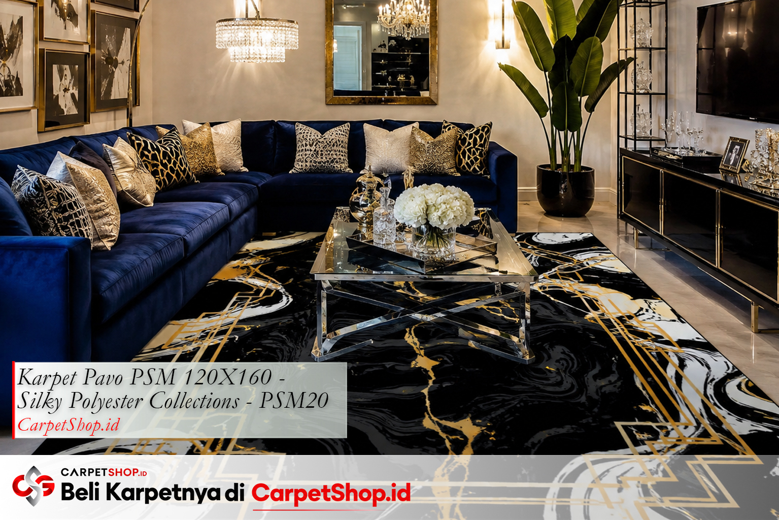 Ruang keluarga desain interior Hollywood Regency dramatic dengan Karpet Pavo PSM 120X160 Silky Polyester PSM20