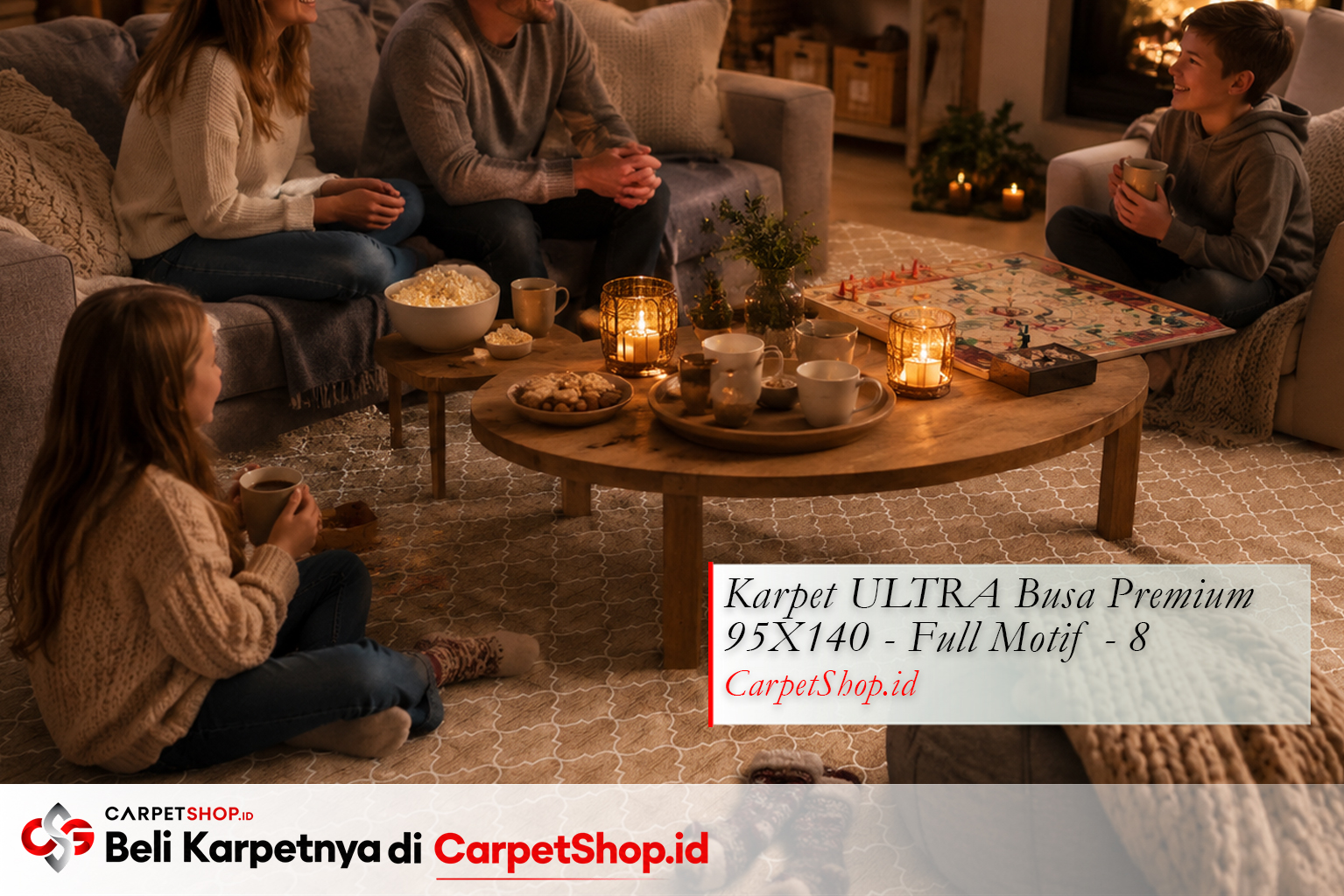 Ruang keluarga desain interior Hygge berkumpul bersama dengan Karpet ULTRA Busa Premium 95X140 Full Motif 8