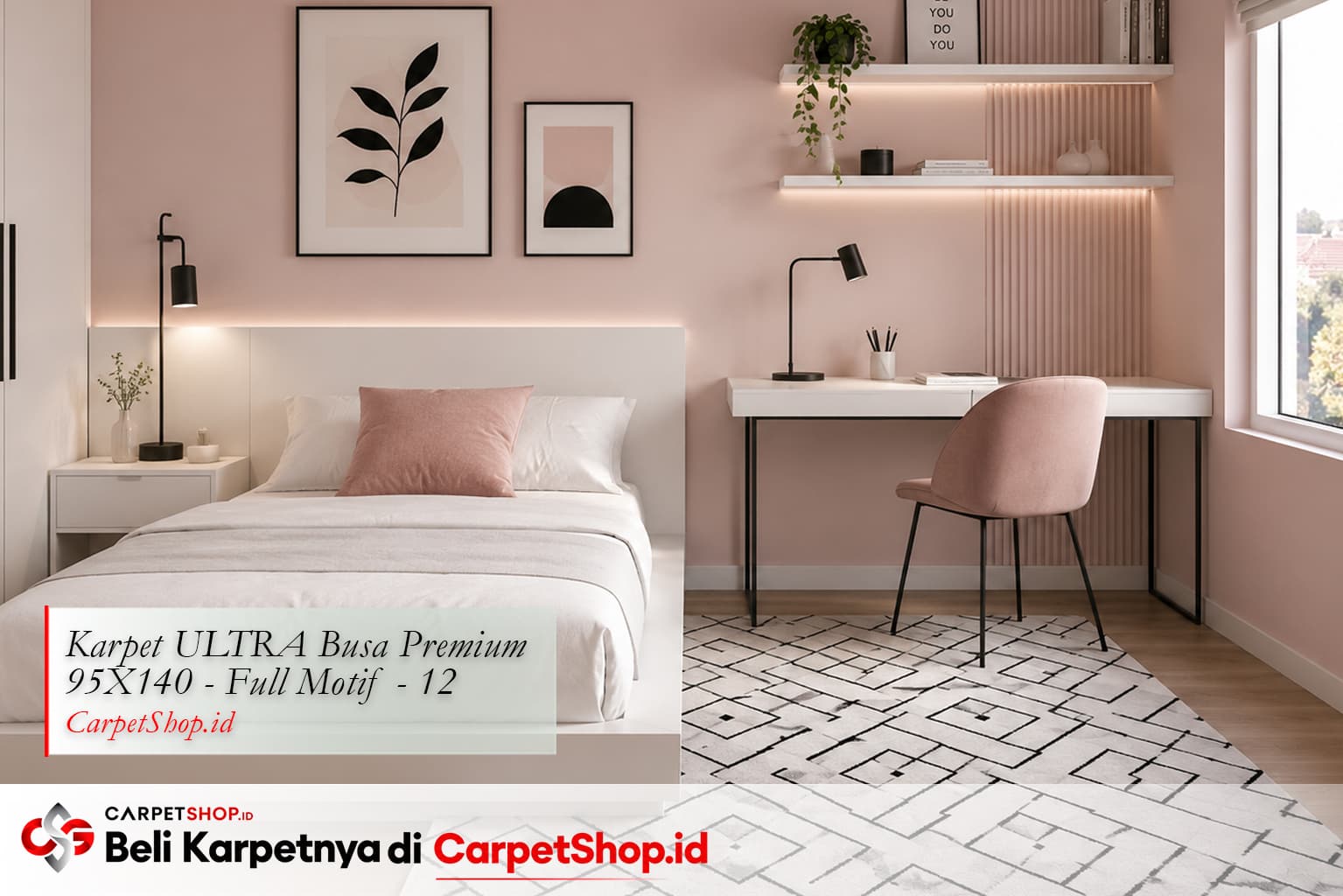 Kamar anak perempuan minimalis modern dengan Karpet ULTRA Busa Premium 95X140 Full Motif 12