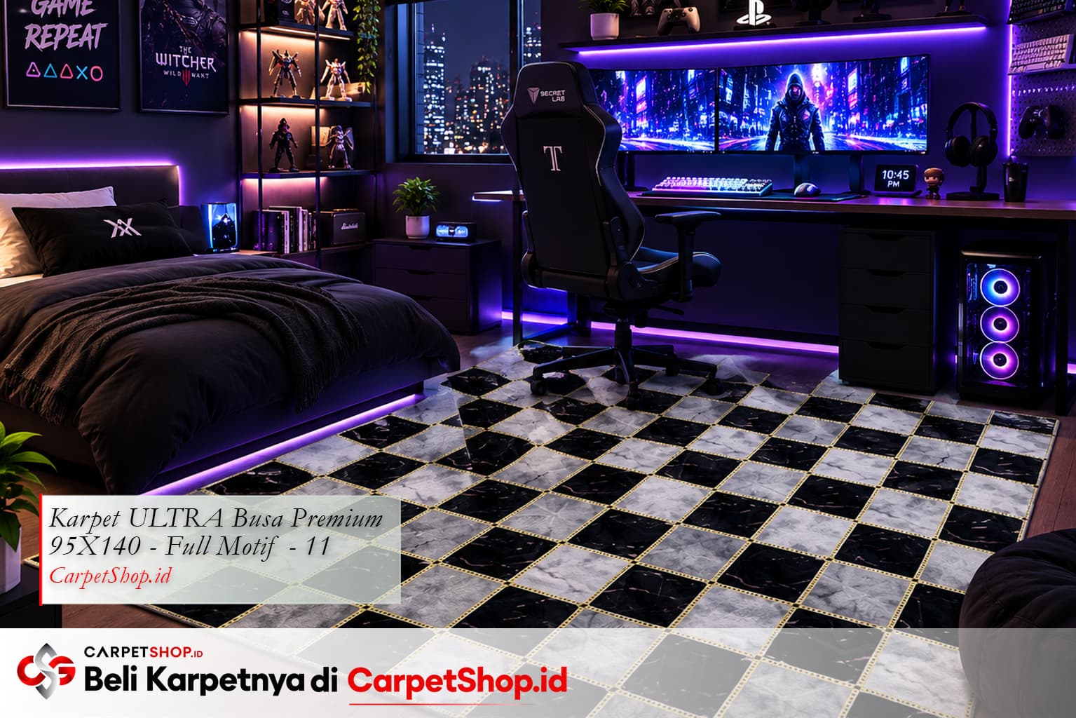 Kamar remaja gaming dark aesthetic dengan Karpet ULTRA Busa Premium 95X140 Full Motif 11