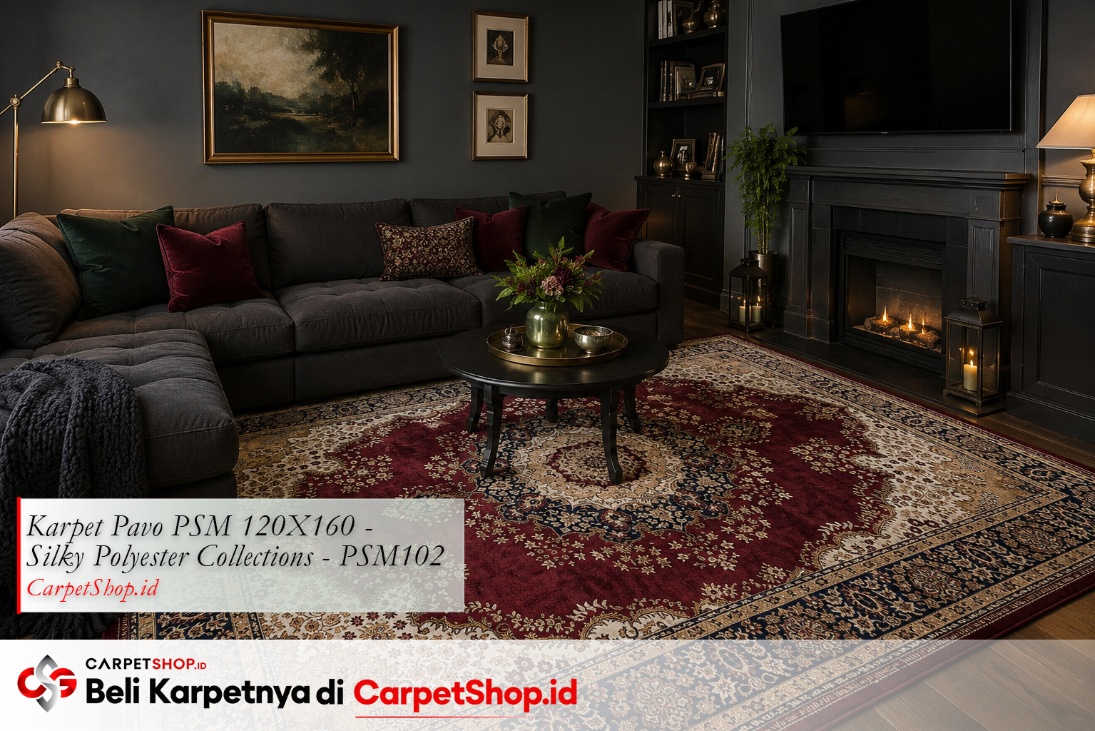 Kombinasi karpet burgundy dengan dinding abu menggunakan Karpet Pavo PSM 120X160 Silky Polyester PSM102