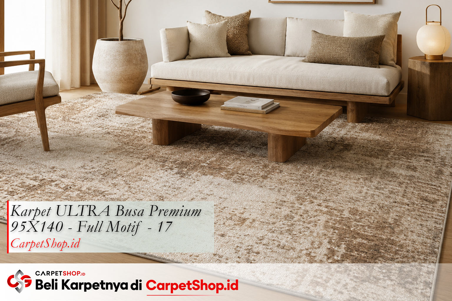 Kombinasi karpet earth tone dengan dinding putih menggunakan Karpet ULTRA Busa Premium 95X140 Full Motif 17 