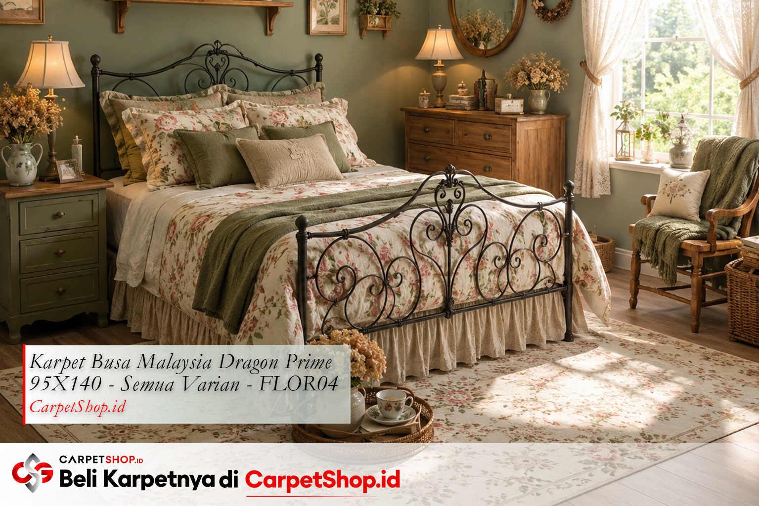 Kombinasi karpet bunga pastel dengan dinding sage green menggunakan Karpet Dragon Prime 95X140 FLOR04