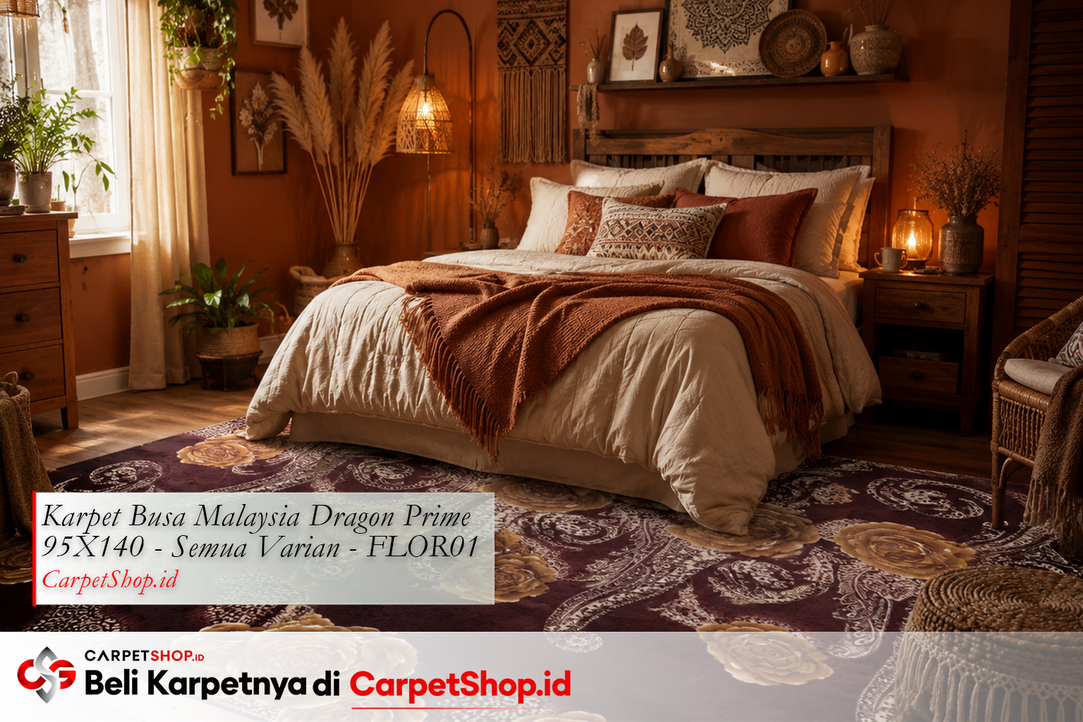 Kombinasi karpet bunga emas dengan dinding terracotta menggunakan Karpet Dragon Prime 95X140 FLOR01