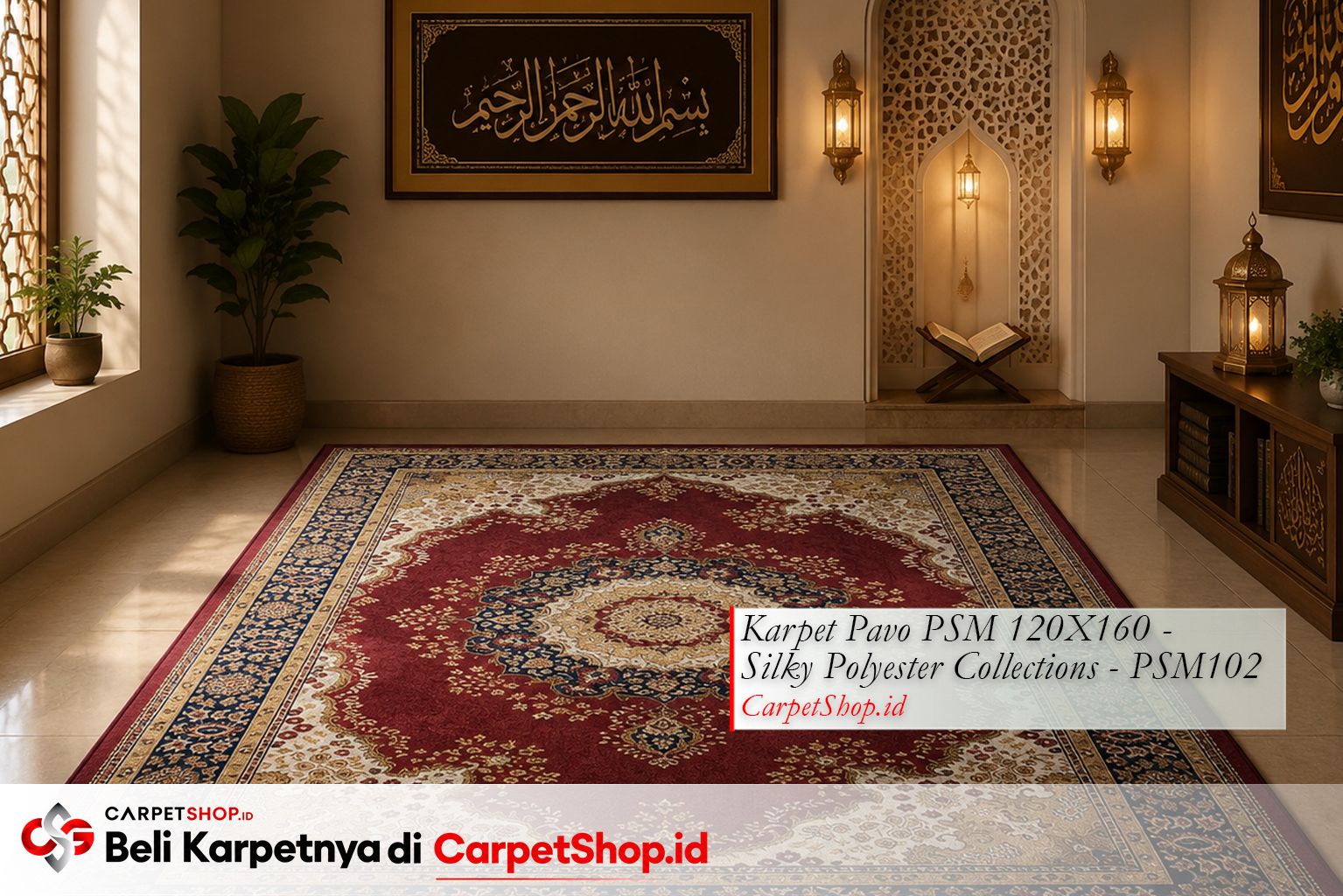 Kombinasi merah burgundy dan navy di karpet mushola, Karpet Pavo PSM 120X160 Silky Polyester PSM102