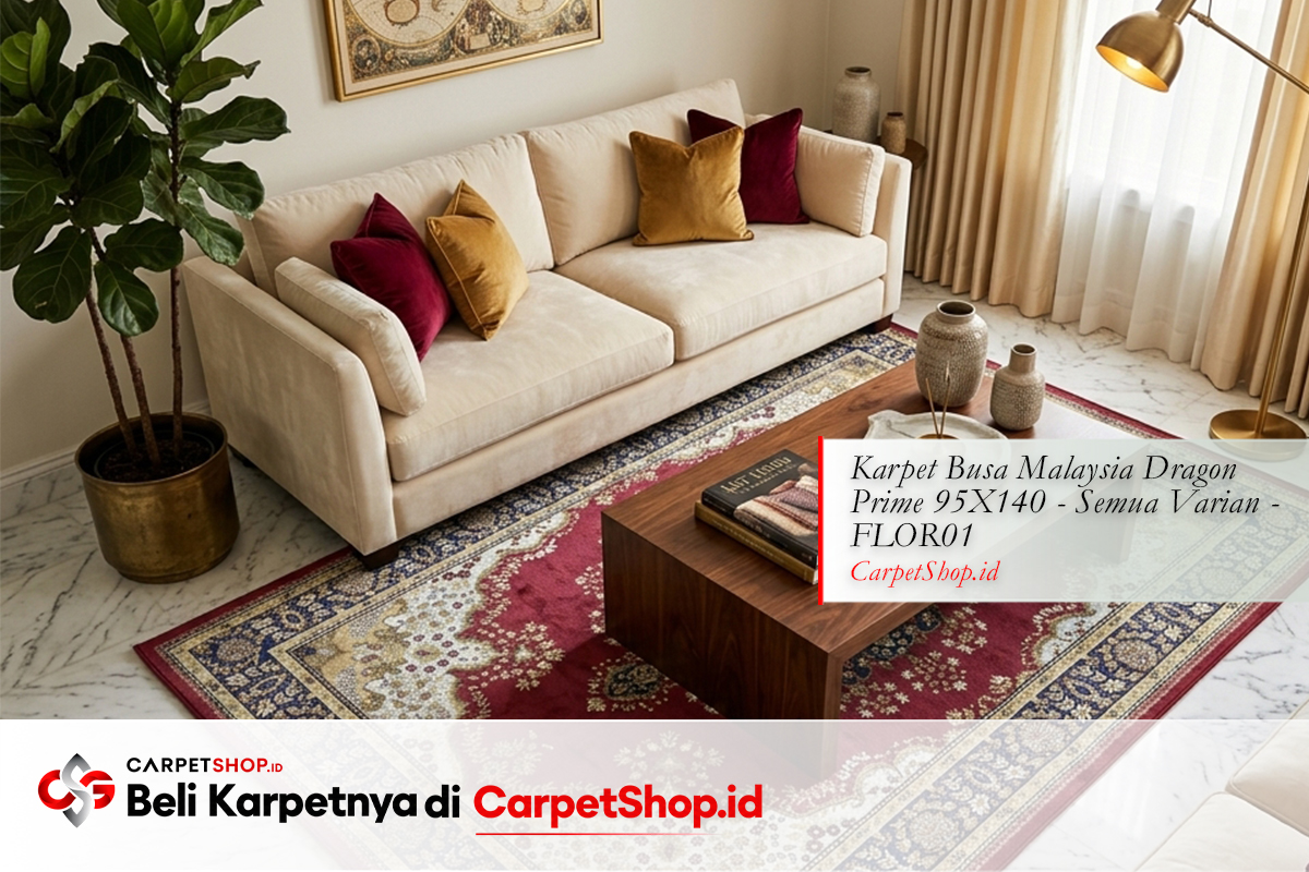 Karpet Persian merah bold di lantai marmer dengan Karpet Pavo PSM 120X160 Silky Polyester PSM102