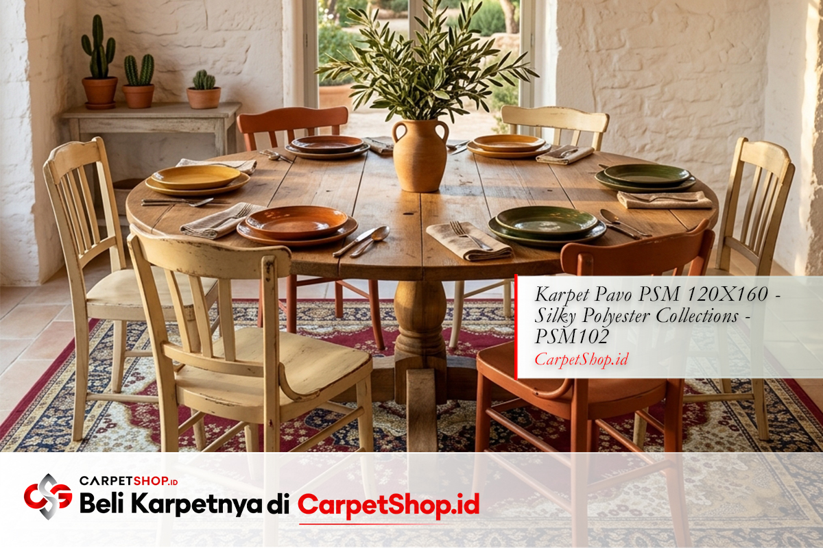 Ruang makan desain interior Mediterranean klasik dengan Karpet Pavo PSM 120X160 Silky Polyester PSM102