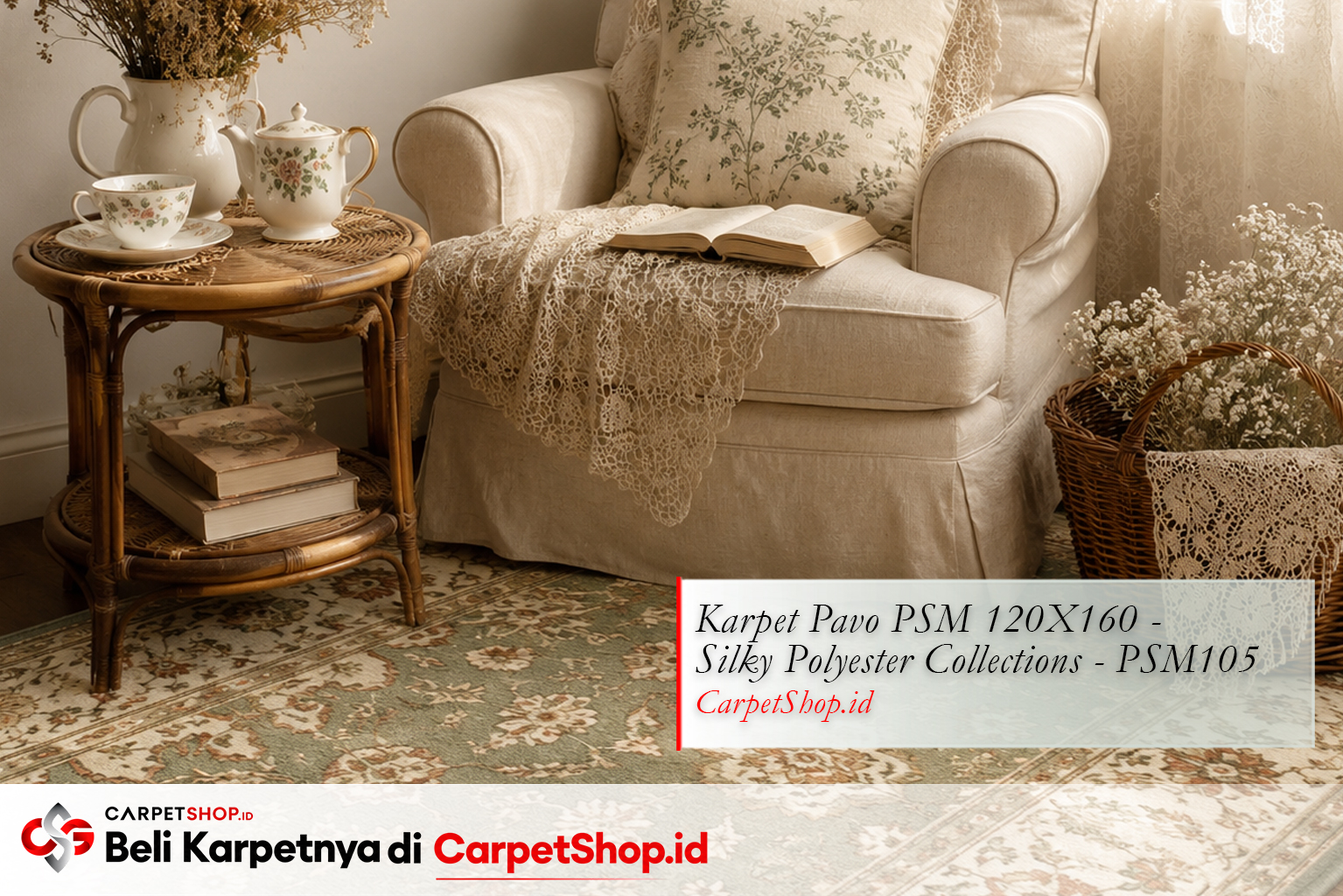 Ruang baca Cottagecore dengan Karpet Pavo PSM 120X160 Silky Polyester PSM105 floral Persian