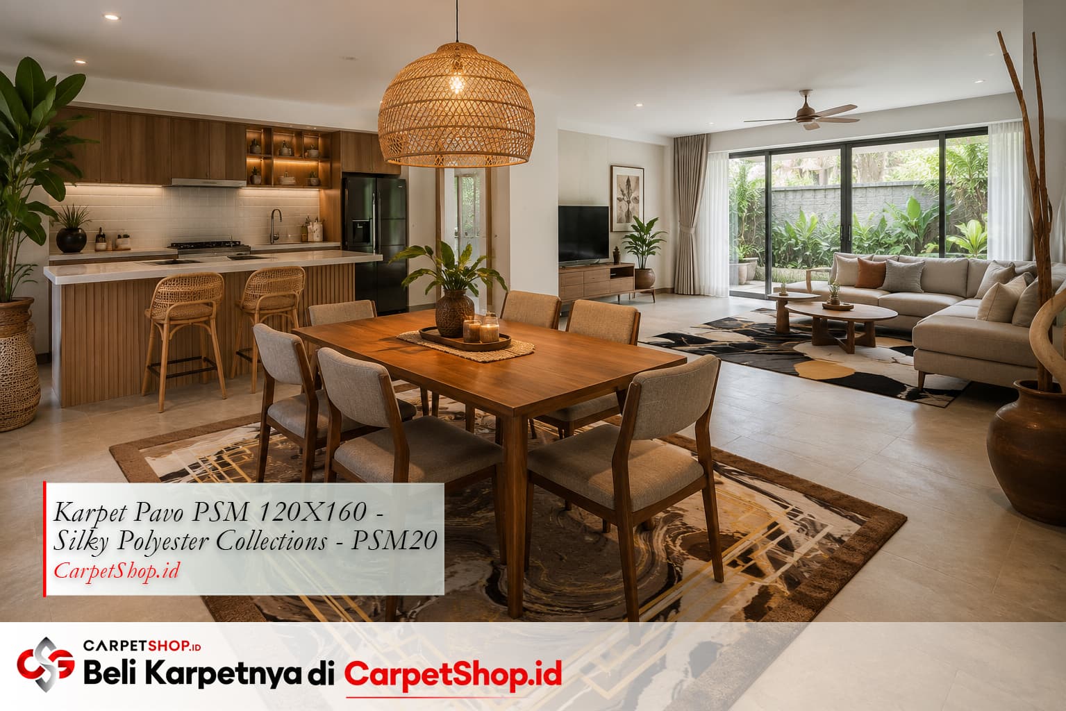 Ruang makan open plan dengan Karpet Pavo PSM 120X160 Silky Polyester PSM20