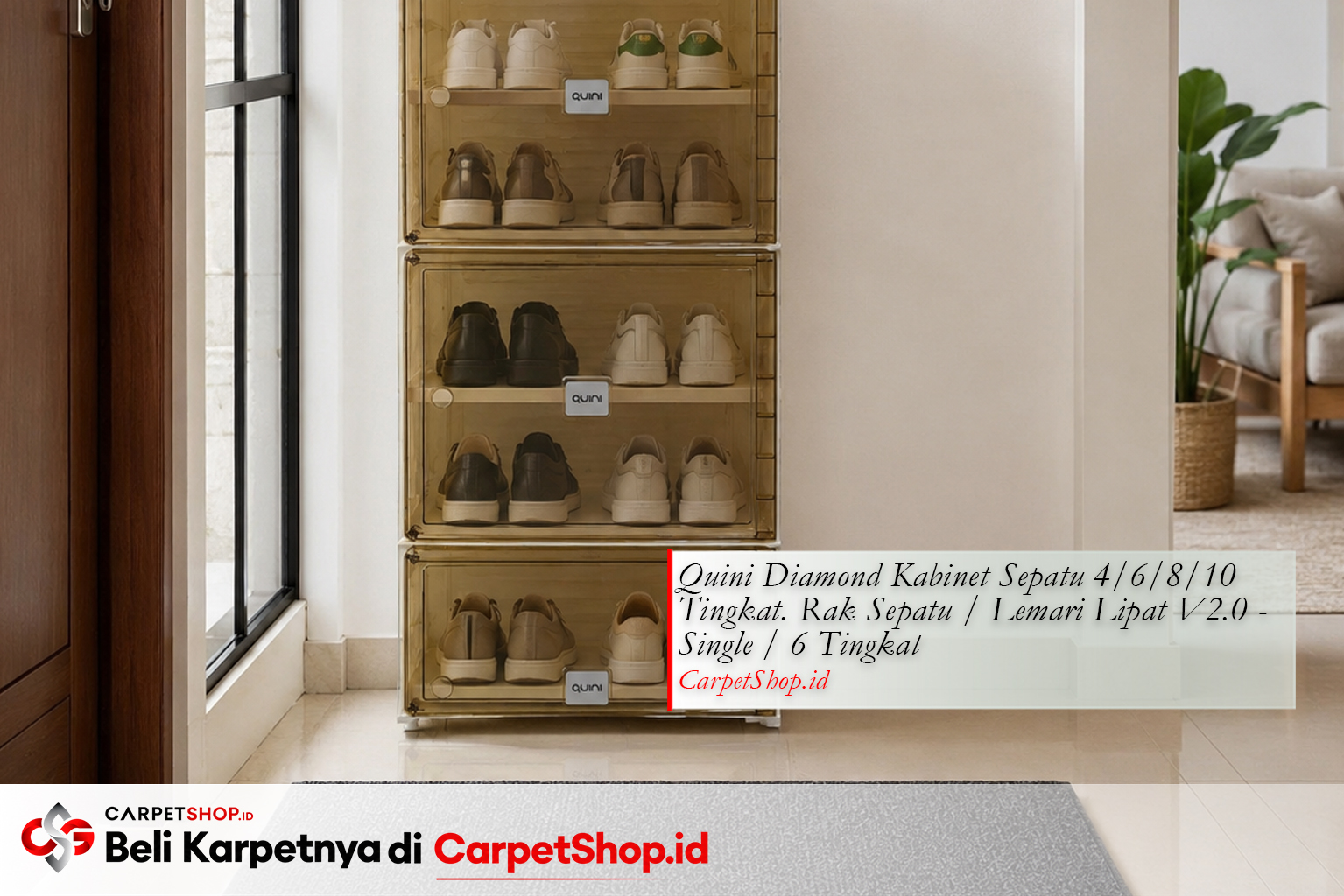 Foyer rumah baru rapi dengan Quini Diamond Kabinet Sepatu dan keset