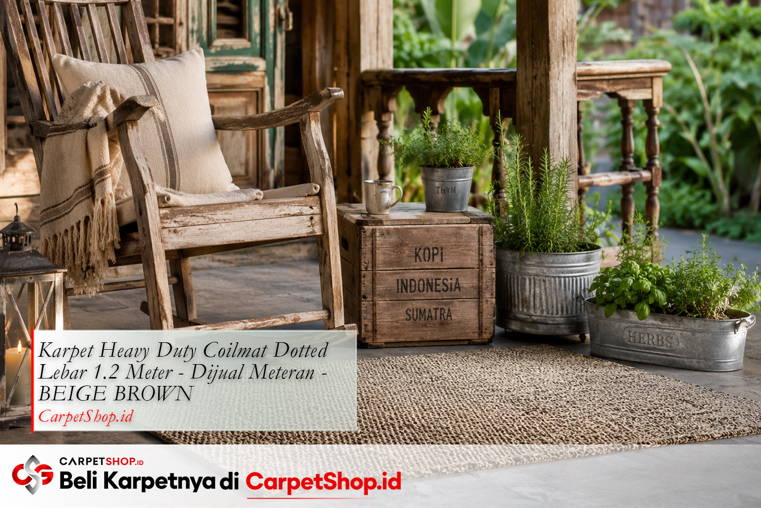 Teras rumah Farmhouse hangat dengan Karpet Heavy Duty Coilmat Beige Brown