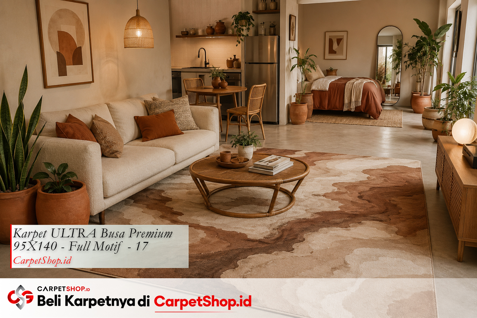 Apartemen studio earth tone dengan Karpet ULTRA Busa Premium 95X140 Full Motif 17