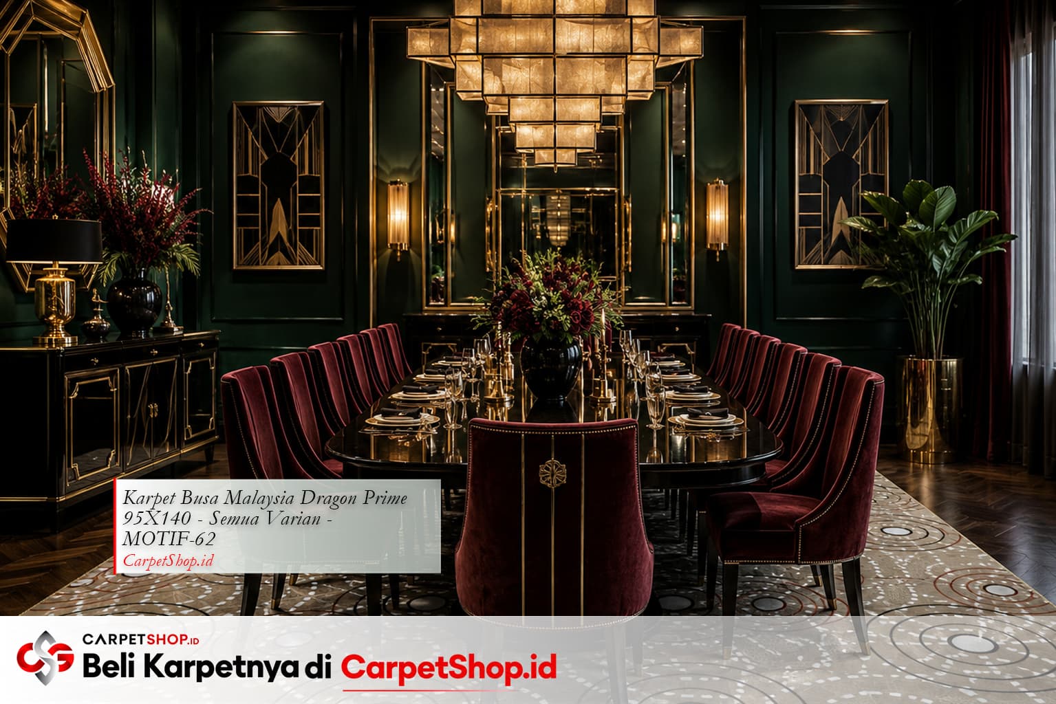 Ruang makan Art Deco dramatis dengan Karpet Dragon Prime 95X140 MOTIF-62