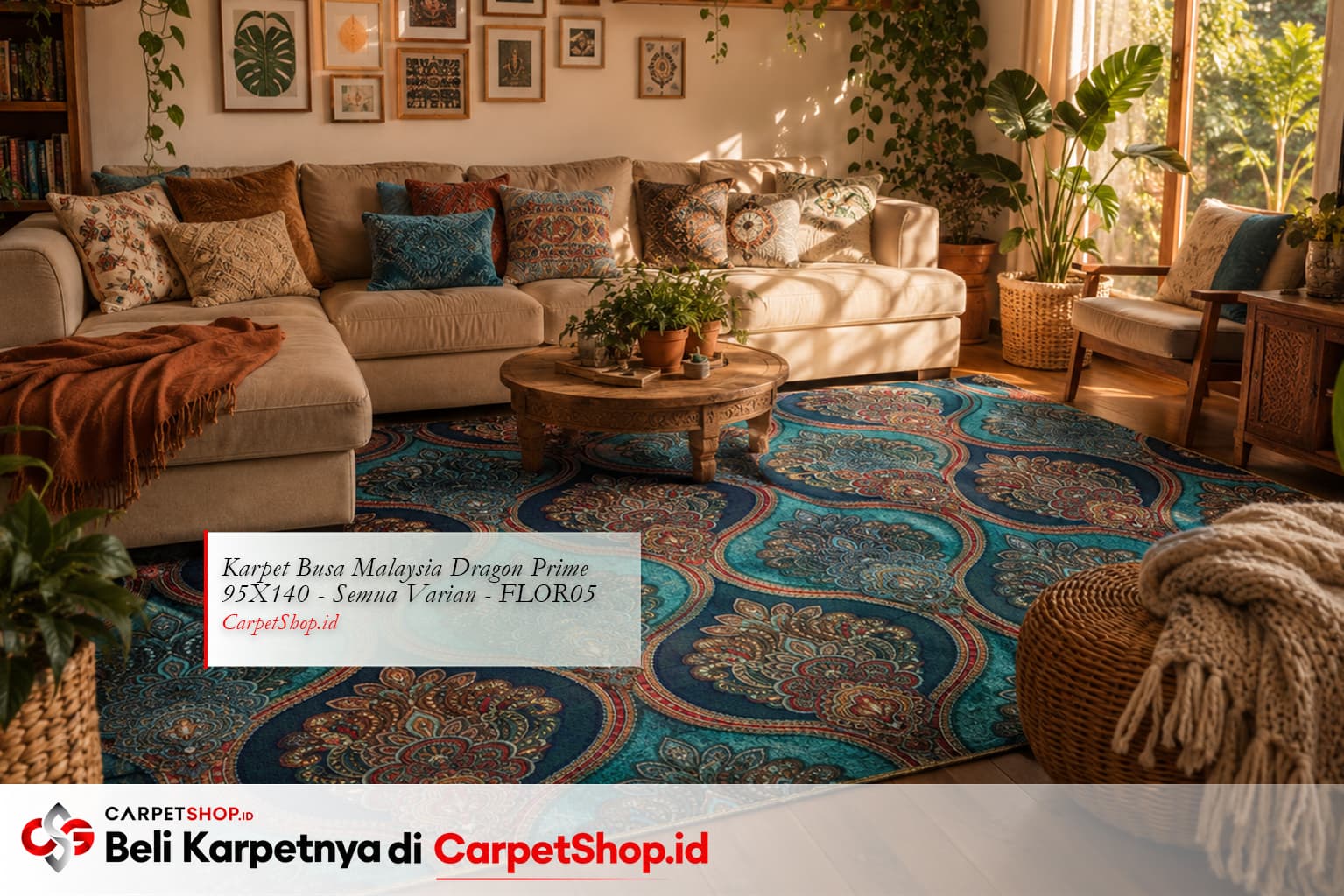 Ruang keluarga Bohemian dengan Karpet Dragon Prime 95X140 FLOR05 motif bunga